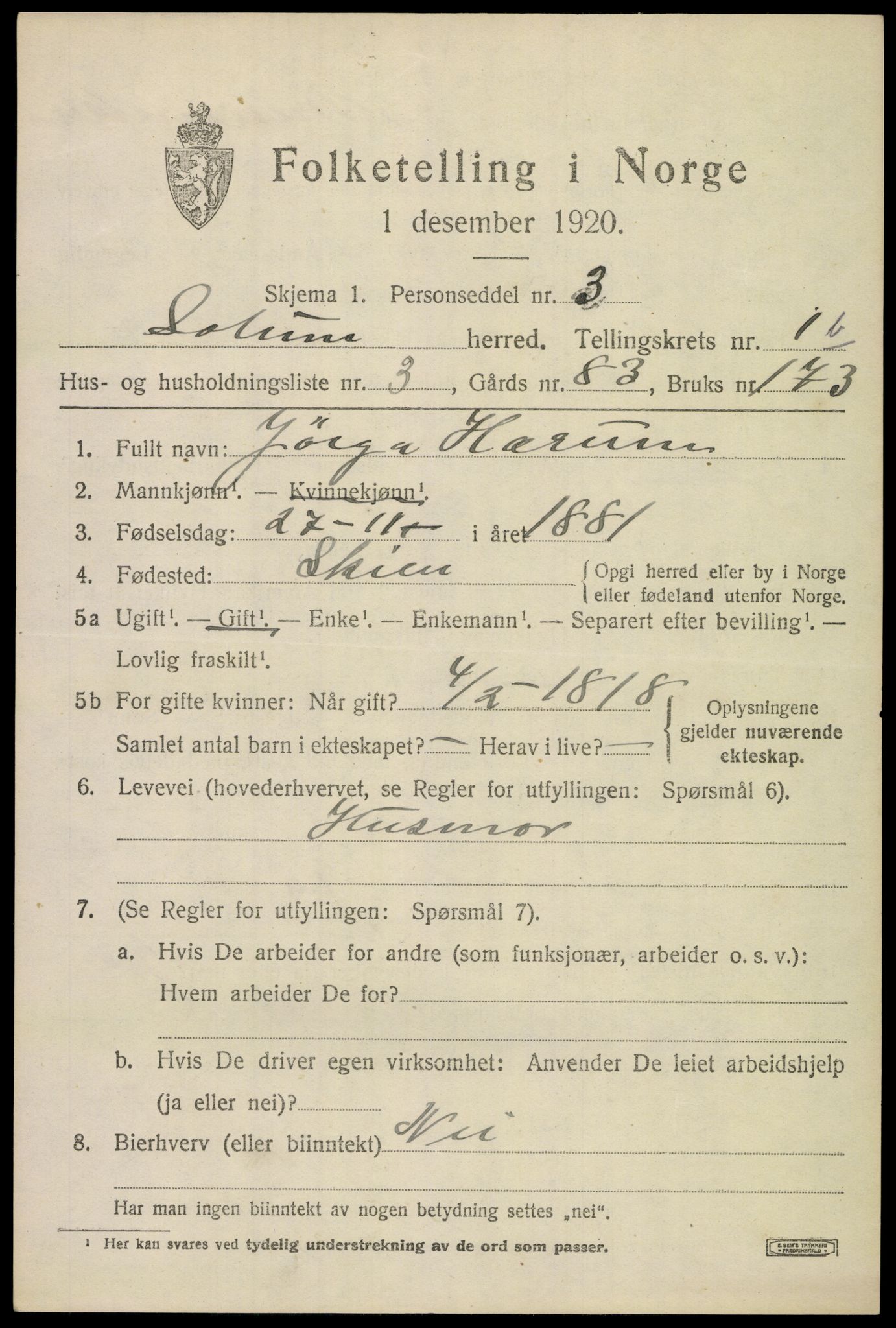SAKO, 1920 census for Solum, 1920, p. 4080