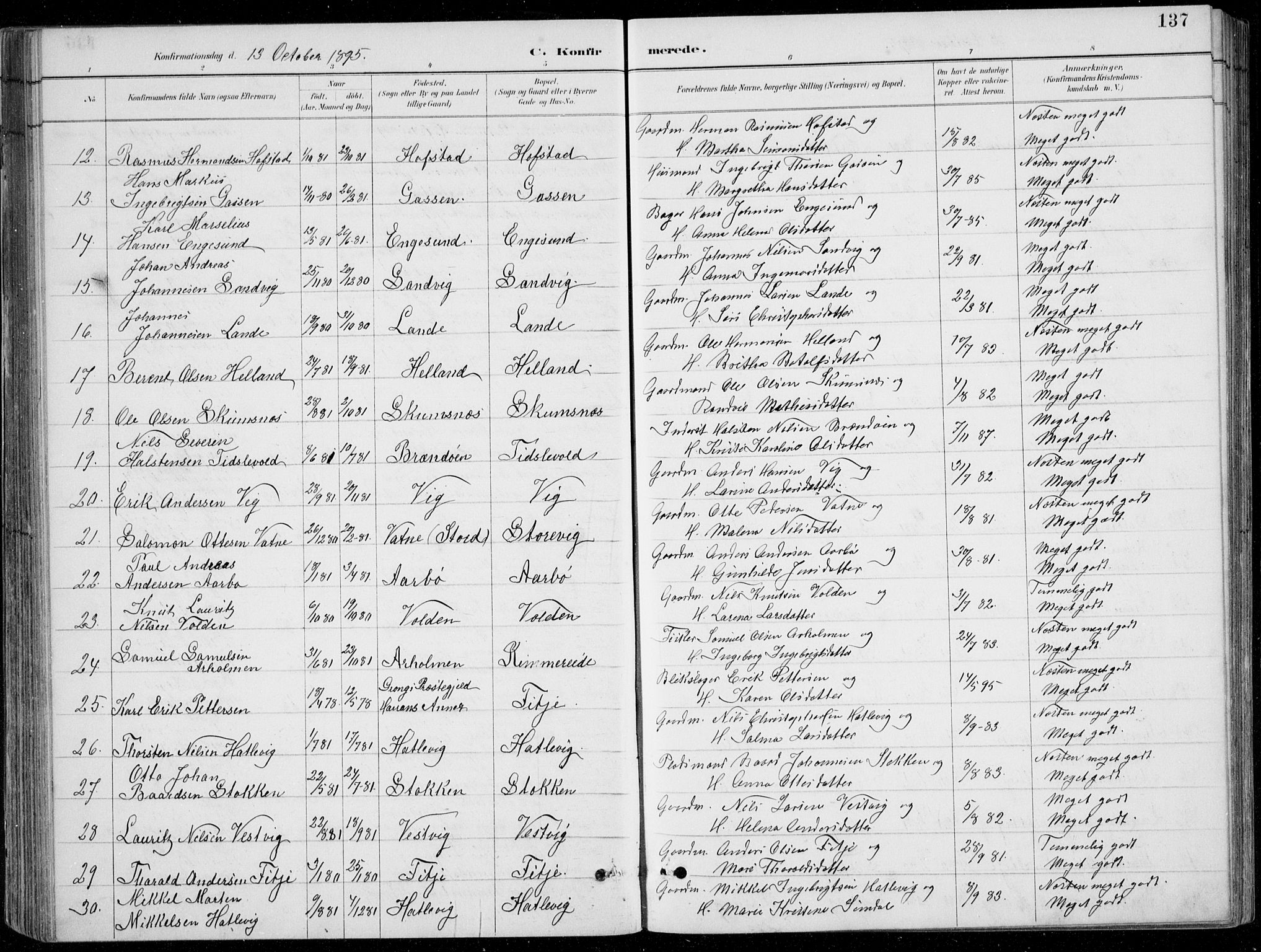Fitjar sokneprestembete, AV/SAB-A-99926: Parish register (copy) no. A 2, 1887-1906, p. 137