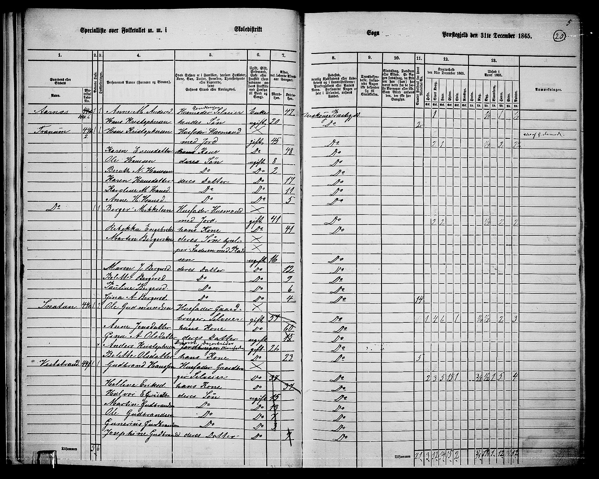 RA, 1865 census for Aurskog, 1865, p. 19