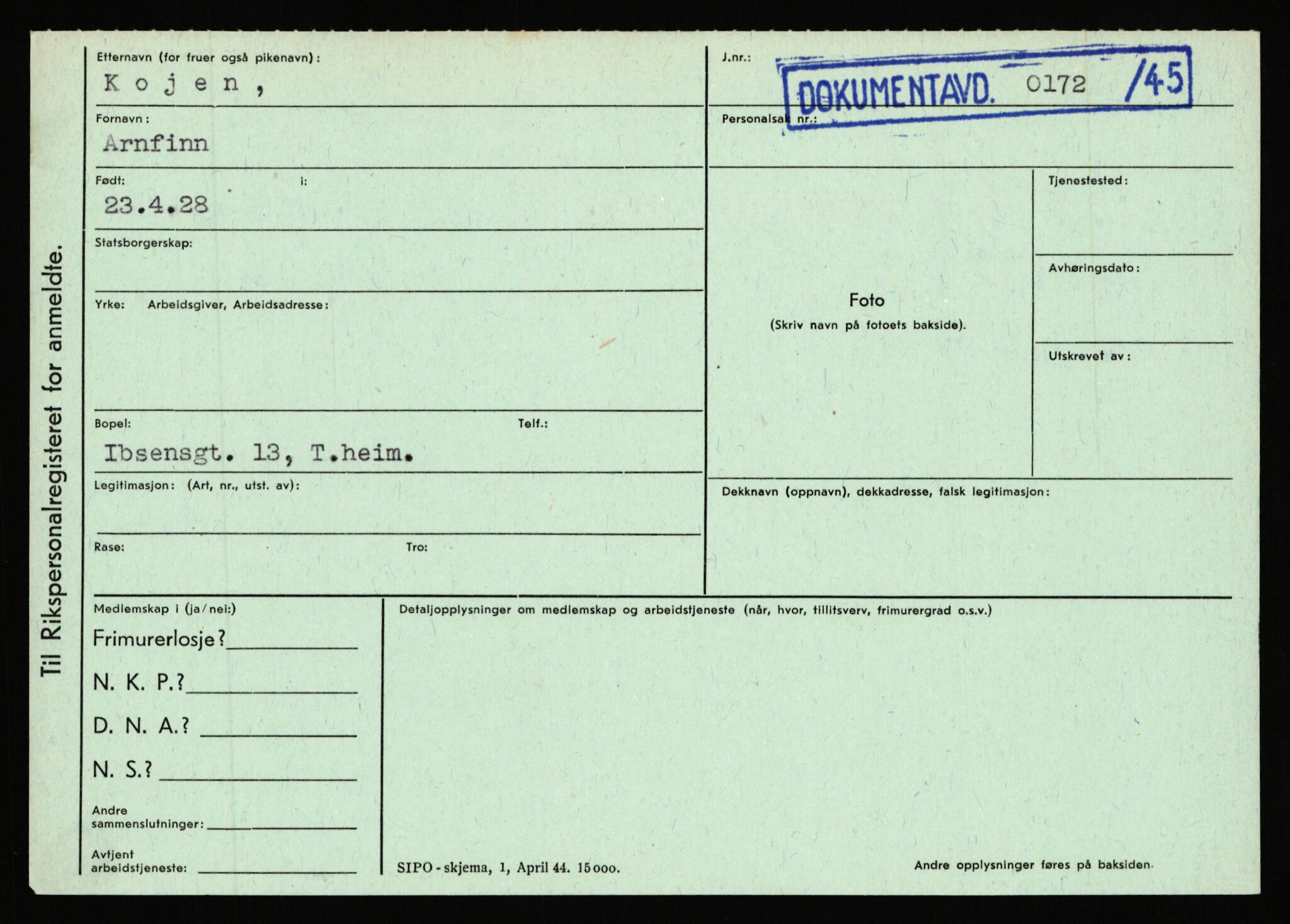 Statspolitiet - Hovedkontoret / Osloavdelingen, AV/RA-S-1329/C/Ca/L0009: Knutsen - Limstrand, 1943-1945, p. 456