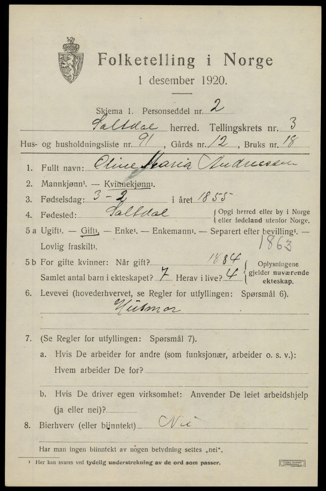 SAT, 1920 census for Saltdal, 1920, p. 5585