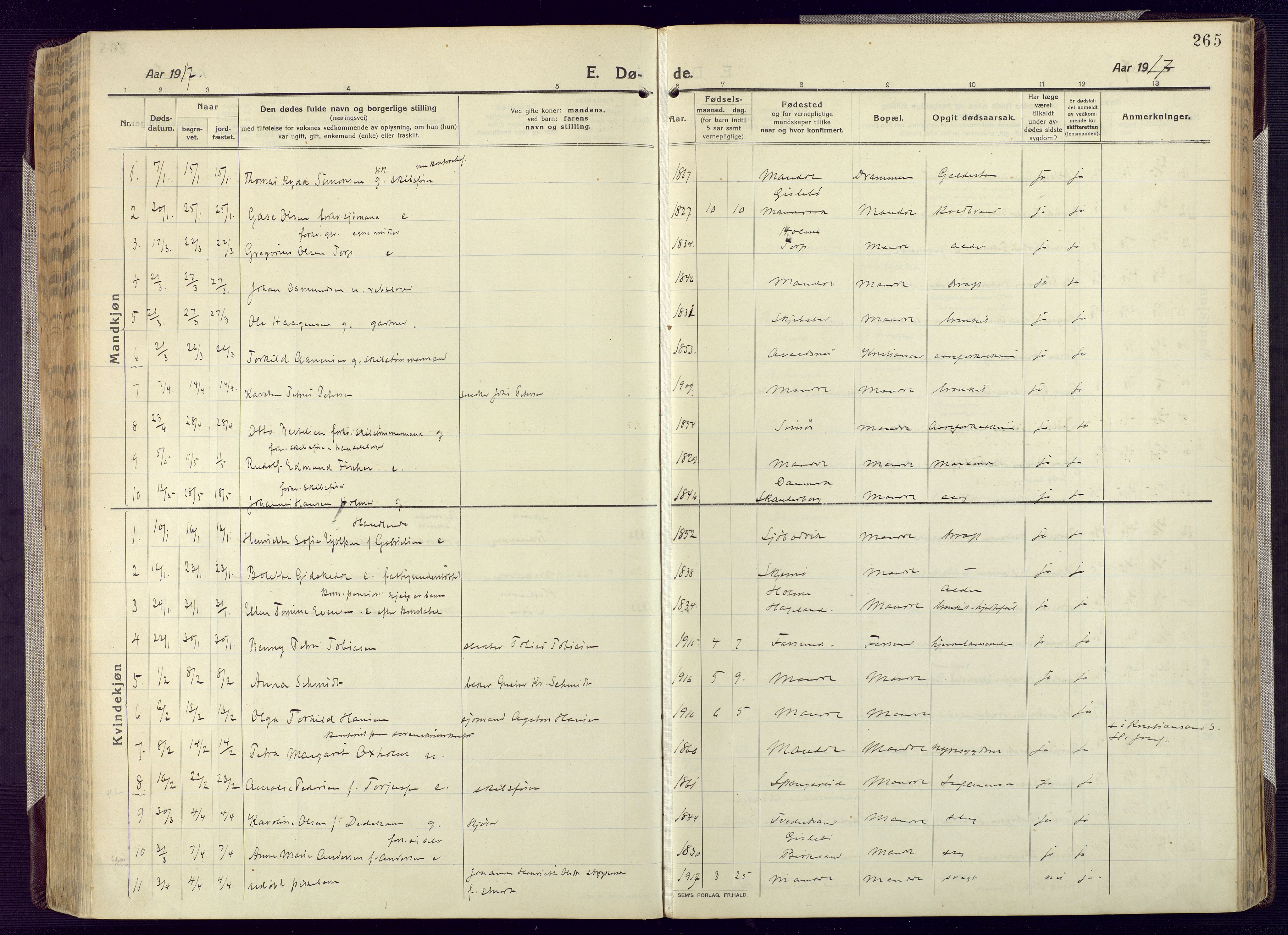 Mandal sokneprestkontor, SAK/1111-0030/F/Fa/Fac/L0001: Parish register (official) no. A 1, 1913-1925, p. 265