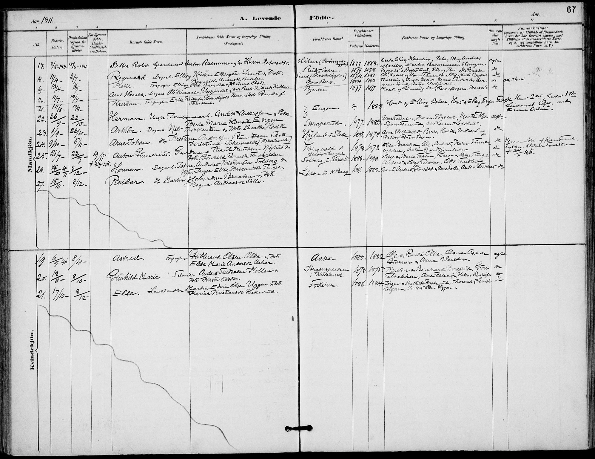 Lunder kirkebøker, AV/SAKO-A-629/F/Fa/L0001: Parish register (official) no. I 1, 1885-1912, p. 67