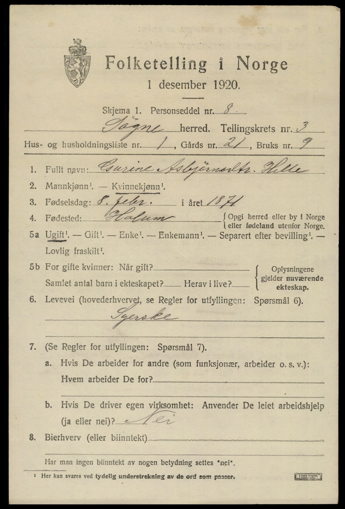 SAK, 1920 census for Søgne, 1920, p. 1655