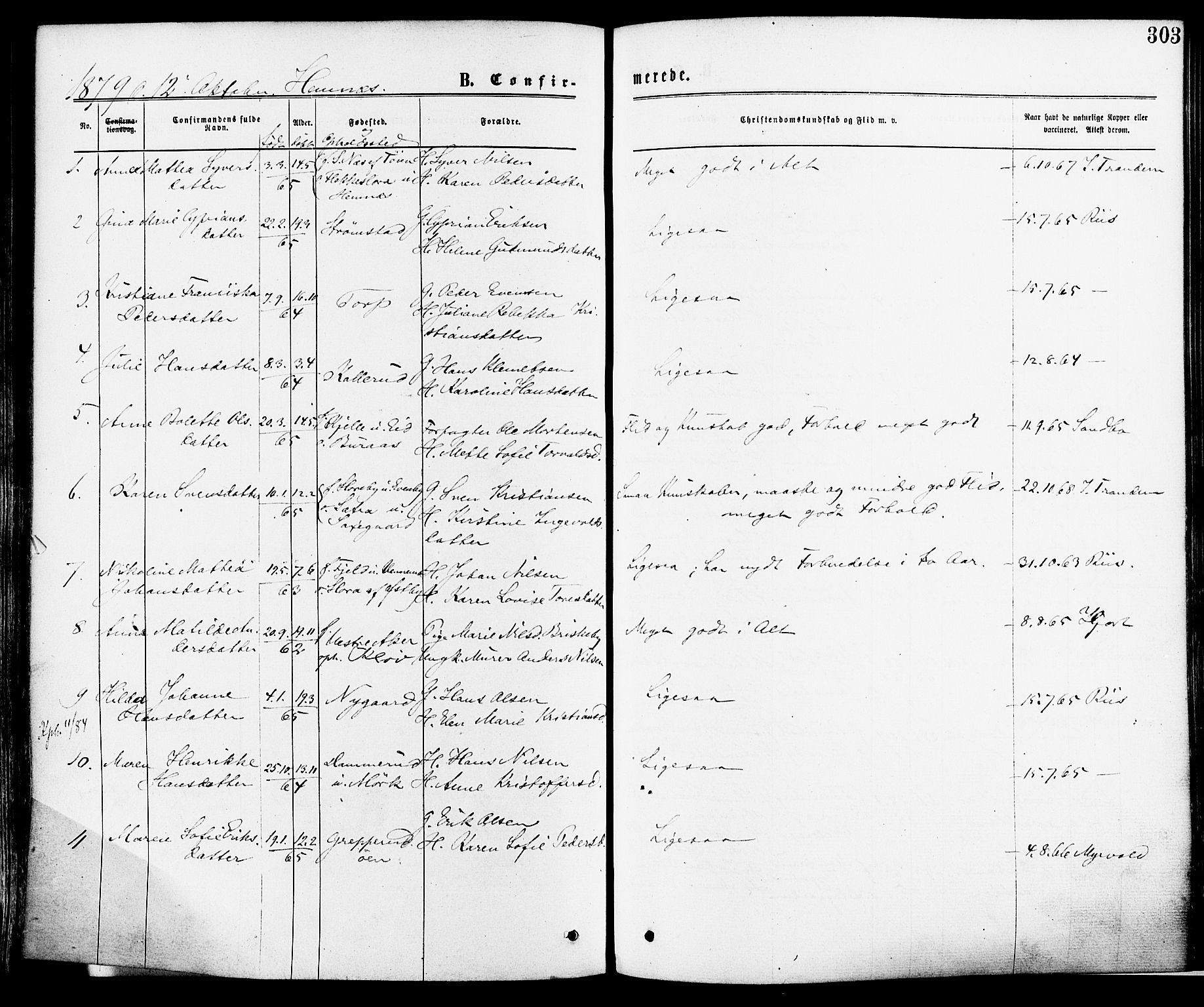 Høland prestekontor Kirkebøker, SAO/A-10346a/F/Fa/L0012.a: Parish register (official) no. I 12A, 1869-1879, p. 303