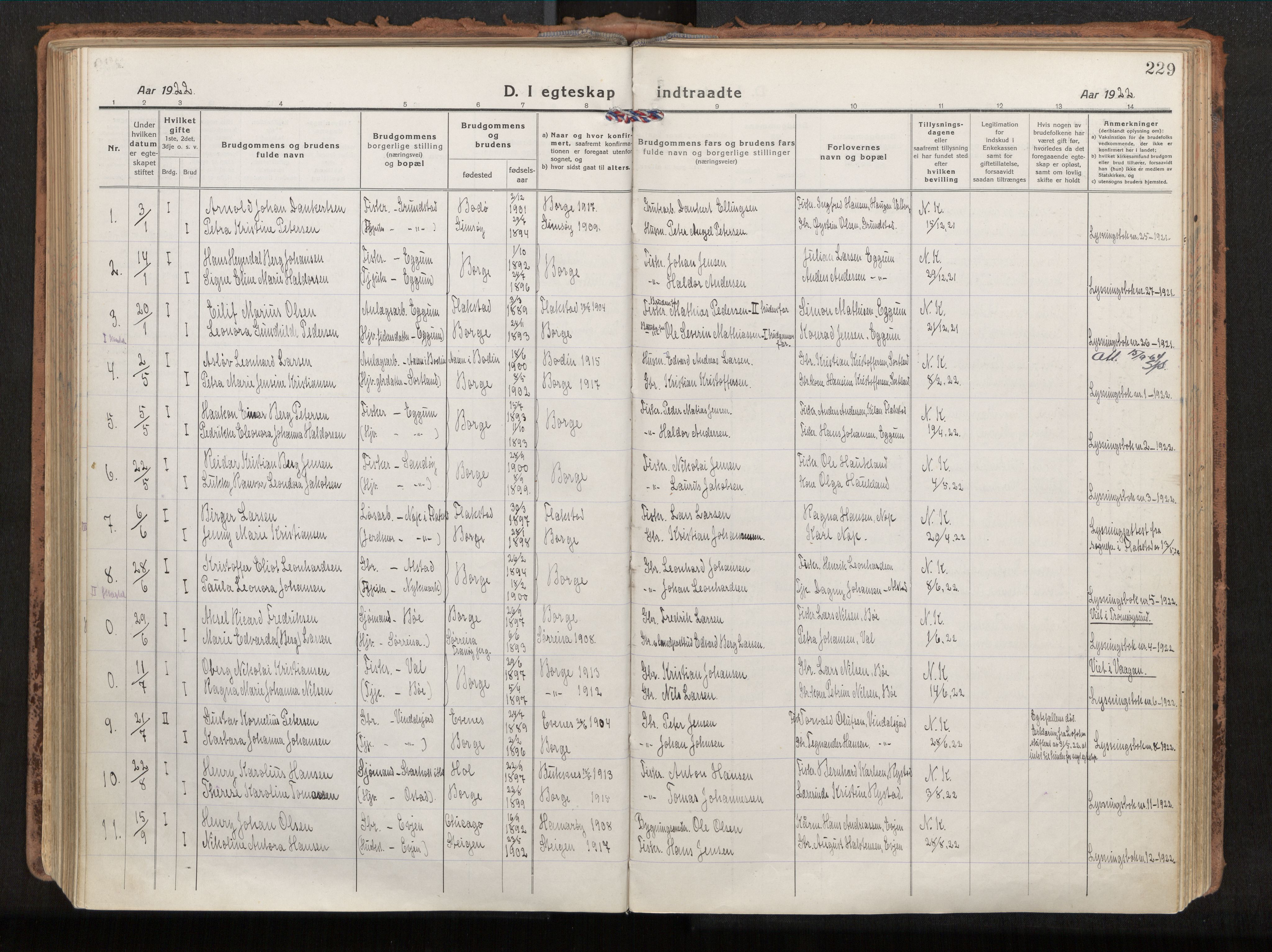 Ministerialprotokoller, klokkerbøker og fødselsregistre - Nordland, SAT/A-1459/880/L1136: Parish register (official) no. 880A10, 1919-1927, p. 229