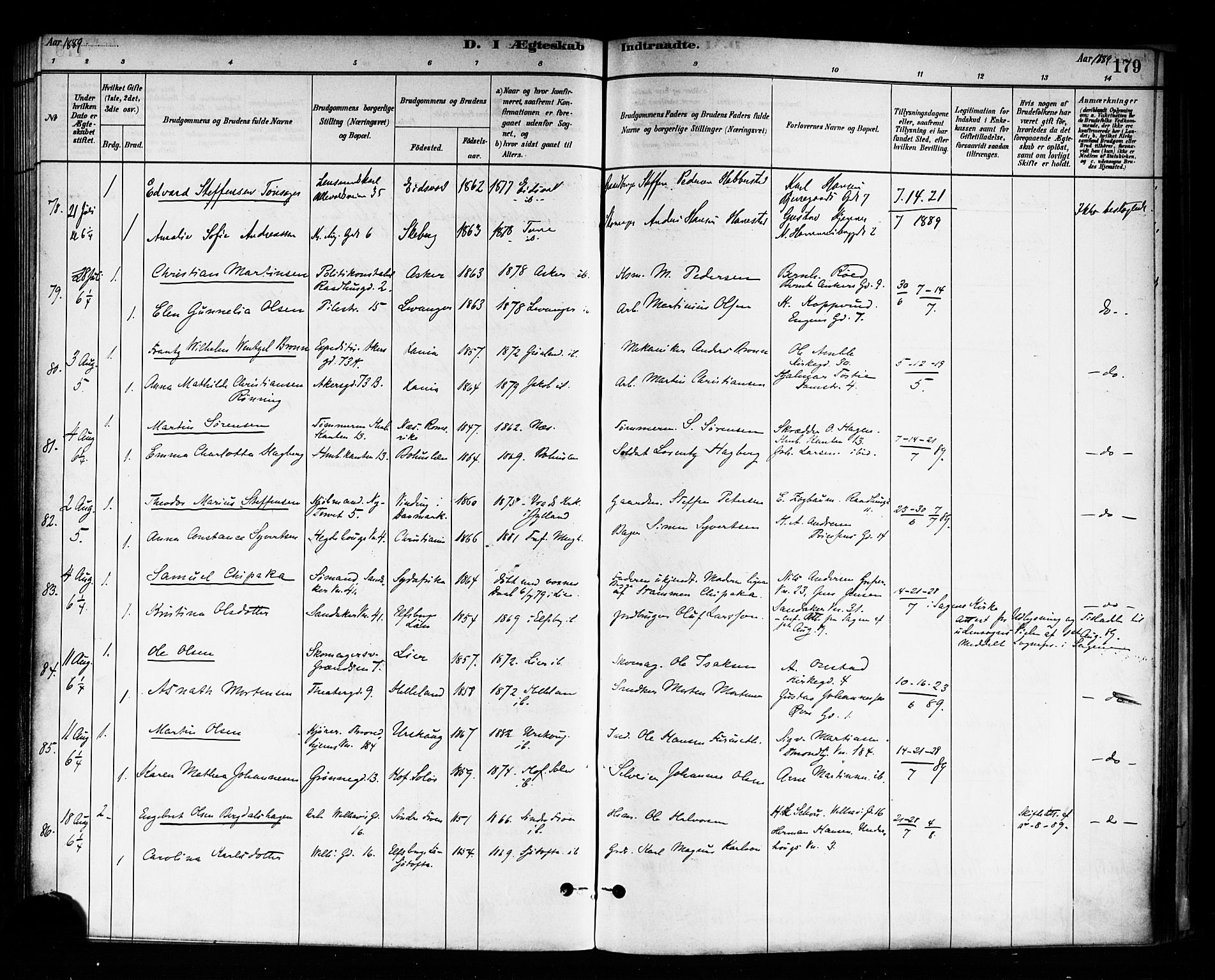 Trefoldighet prestekontor Kirkebøker, AV/SAO-A-10882/F/Fc/L0003: Parish register (official) no. III 3, 1881-1891, p. 179