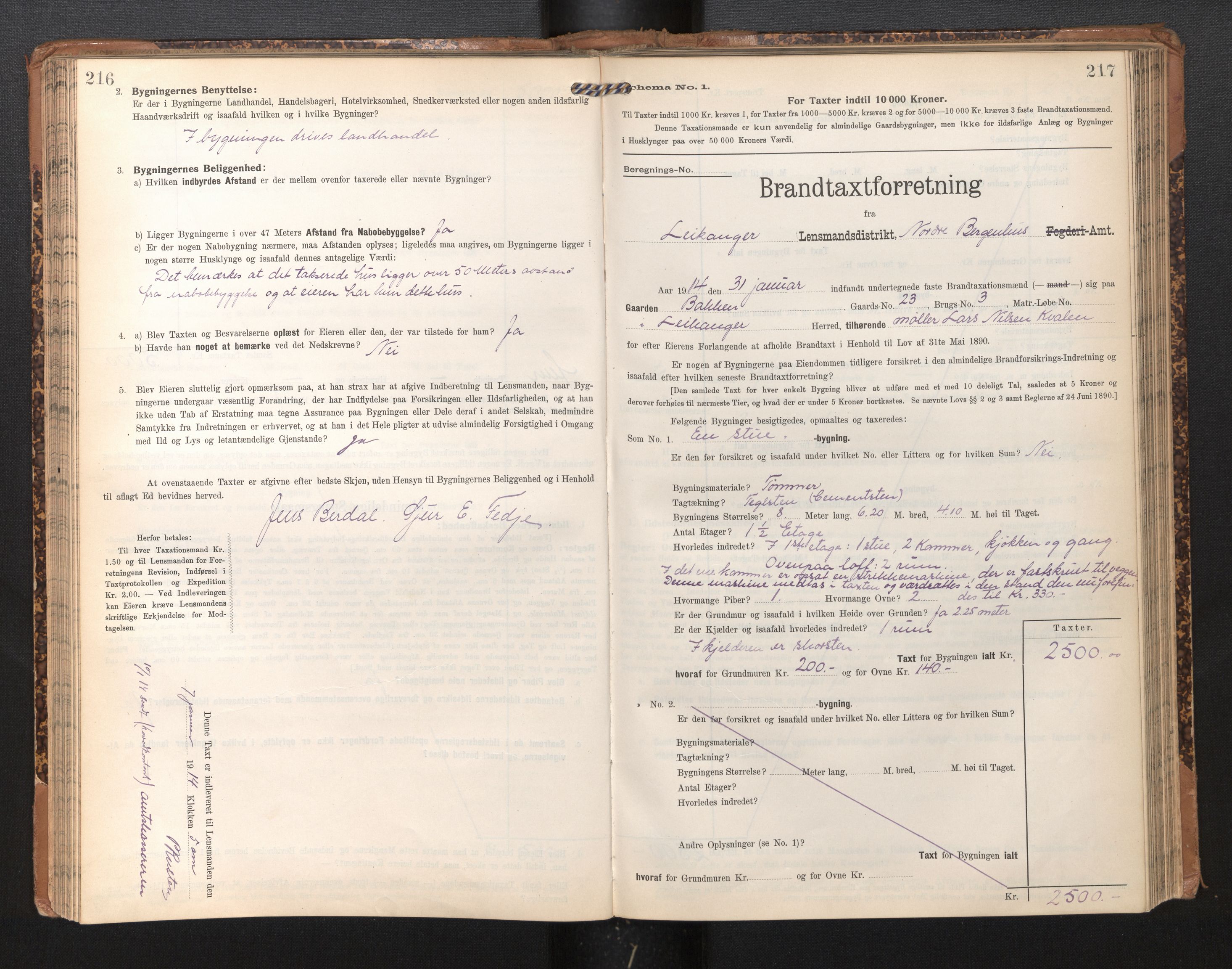 Lensmannen i Leikanger, SAB/A-29201/0012/L0005: Branntakstprotokoll, skjematakst, 1907-1917, p. 216-217