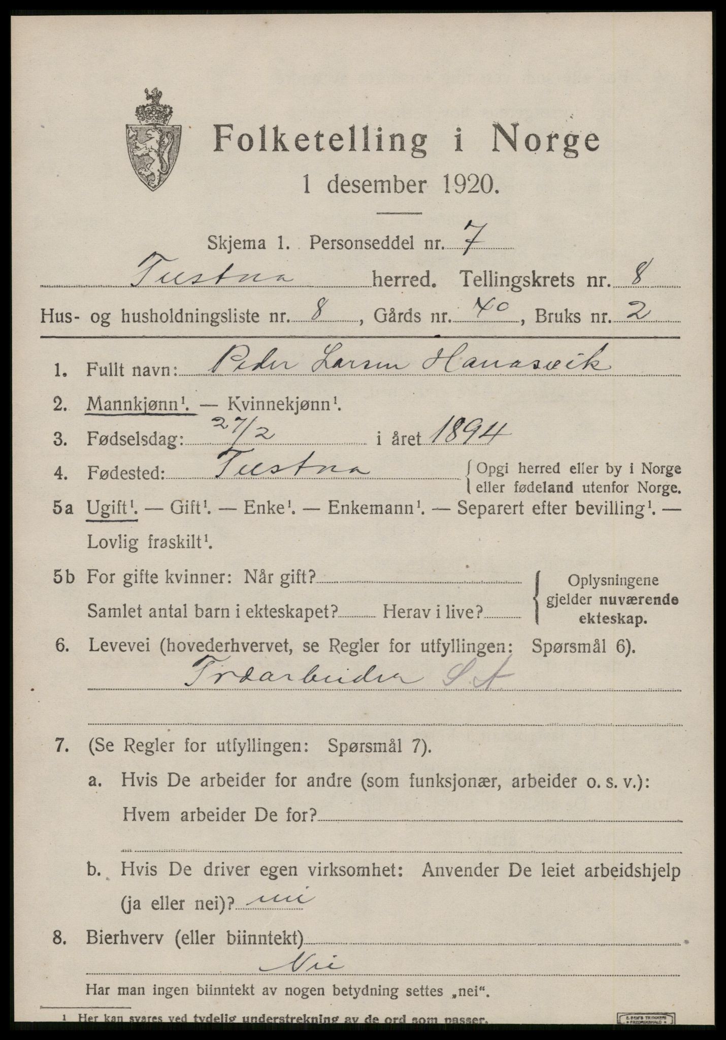 SAT, 1920 census for Tustna, 1920, p. 3701