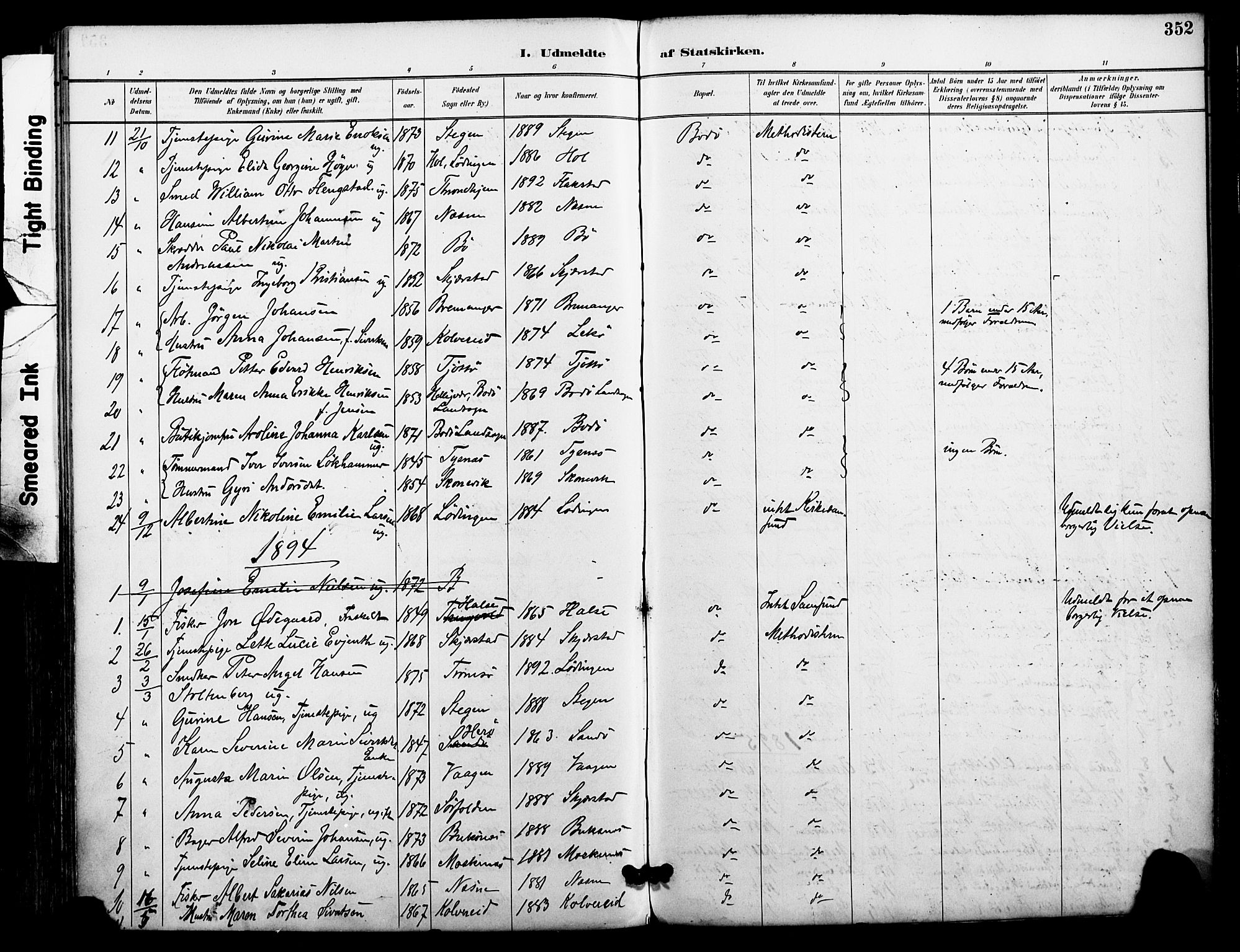 Ministerialprotokoller, klokkerbøker og fødselsregistre - Nordland, SAT/A-1459/801/L0010: Parish register (official) no. 801A10, 1888-1899, p. 352