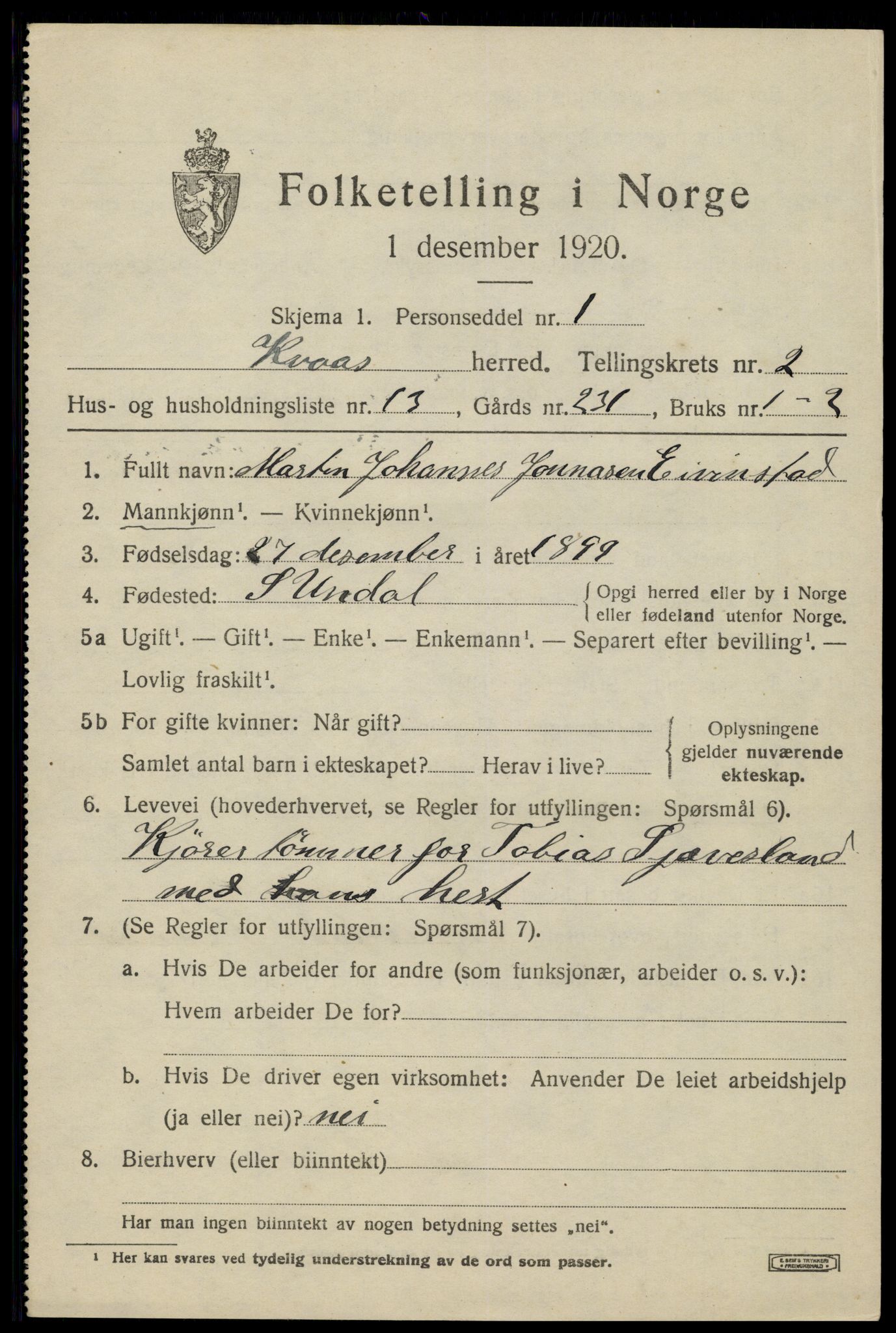 SAK, 1920 census for Kvås, 1920, p. 770