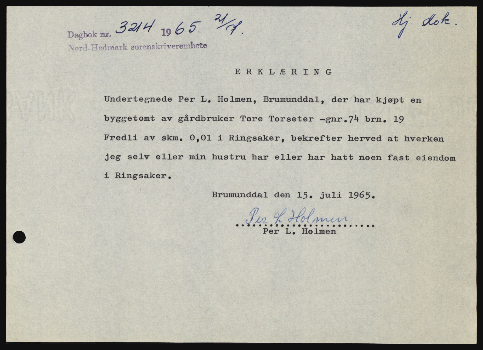 Nord-Hedmark sorenskriveri, SAH/TING-012/H/Hc/L0022: Mortgage book no. 22, 1965-1965, Diary no: : 3214/1965