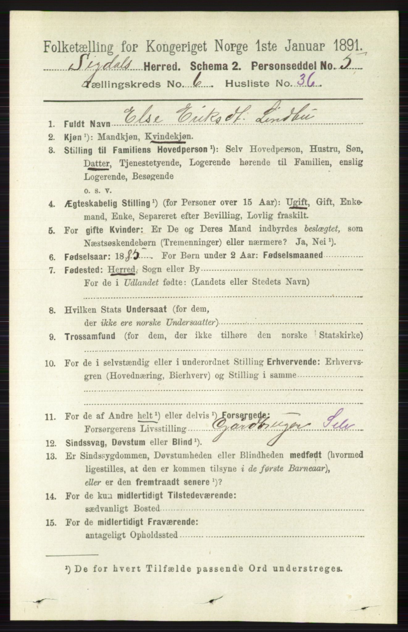 RA, 1891 census for 0621 Sigdal, 1891, p. 2620