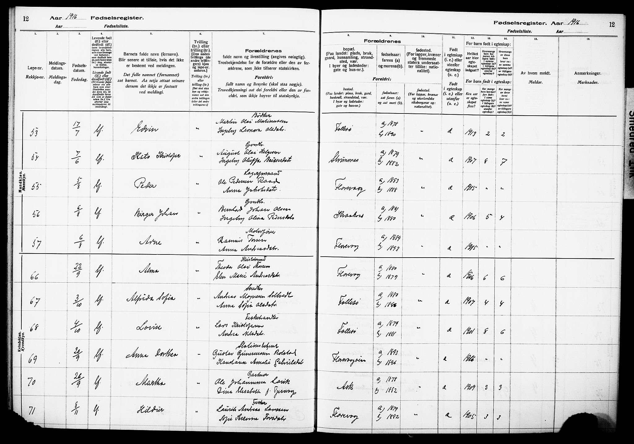 Askøy Sokneprestembete, AV/SAB-A-74101/I/Id/L00A1: Birth register no. A 1, 1916-1928, p. 12