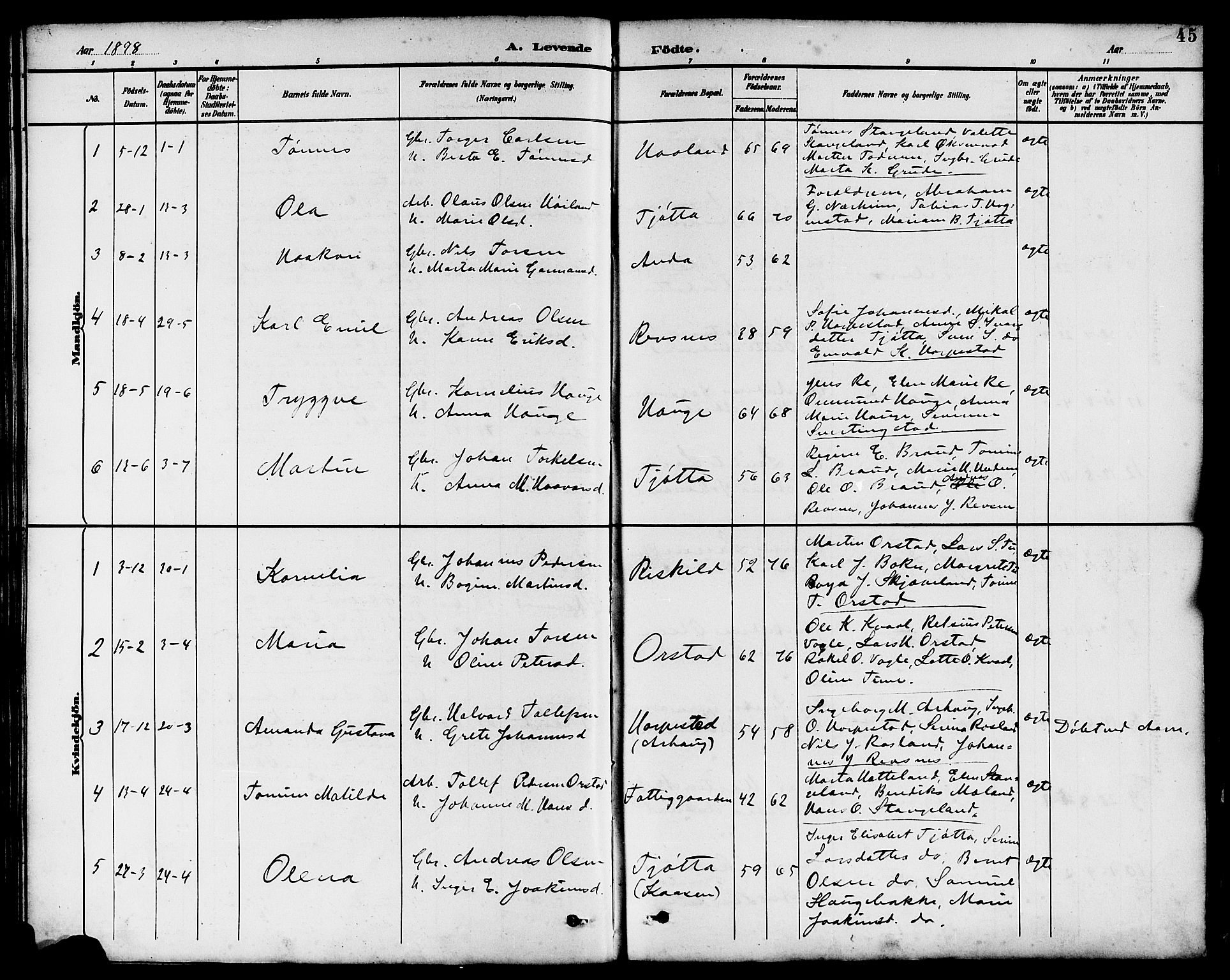 Klepp sokneprestkontor, SAST/A-101803/001/3/30BB/L0004: Parish register (copy) no. B 4, 1889-1914, p. 45
