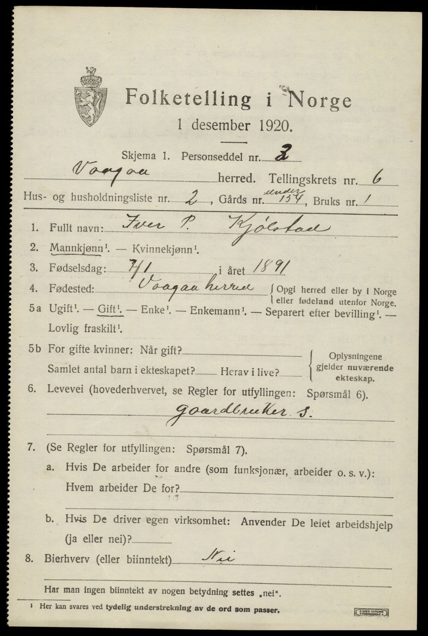 SAH, 1920 census for Vågå, 1920, p. 4708