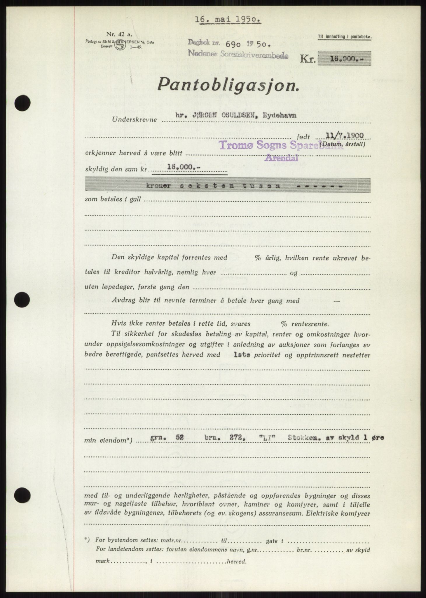 Nedenes sorenskriveri, AV/SAK-1221-0006/G/Gb/Gbb/L0007: Mortgage book no. B7, 1949-1950, Diary no: : 690/1950