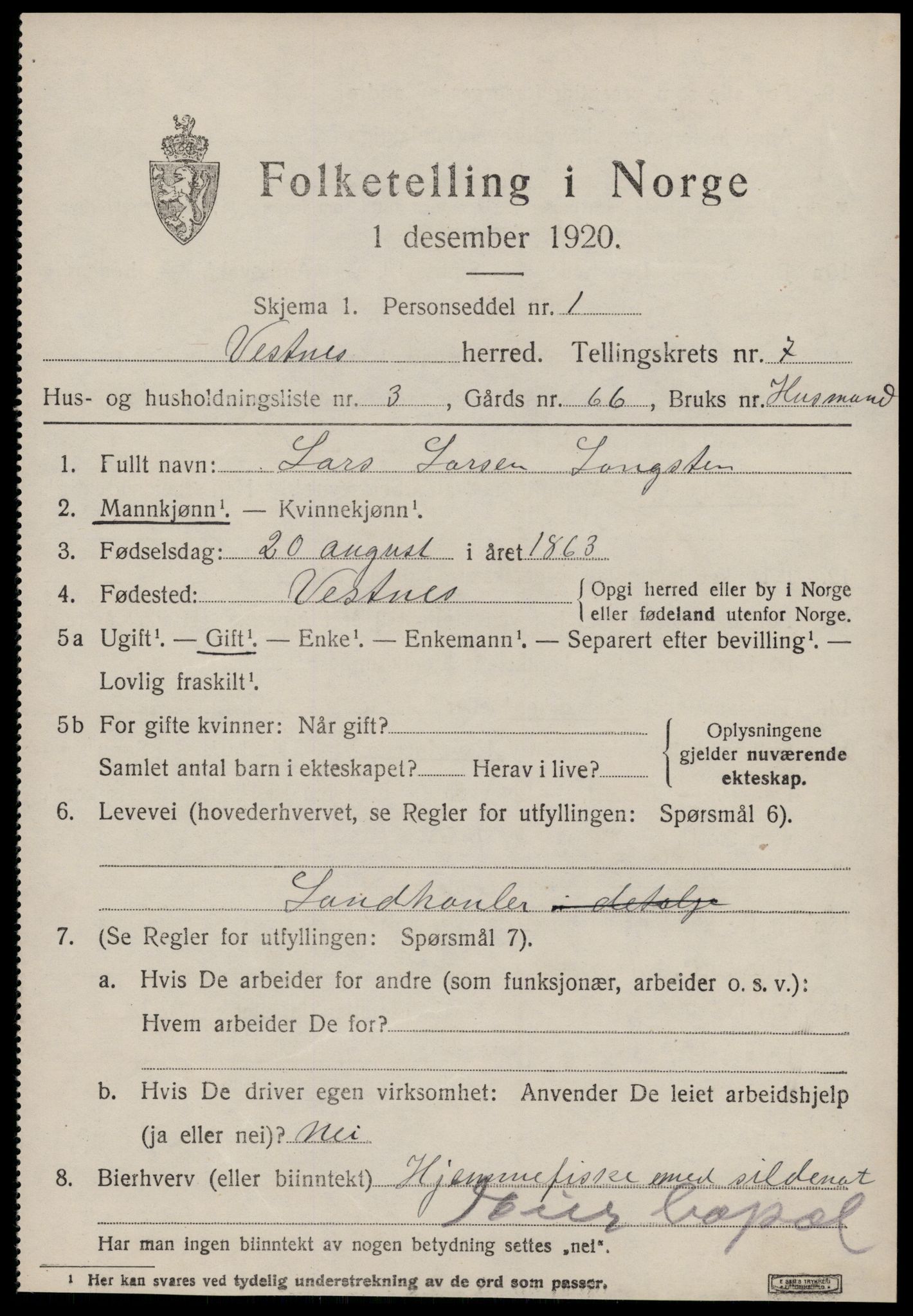 SAT, 1920 census for Vestnes, 1920, p. 5125