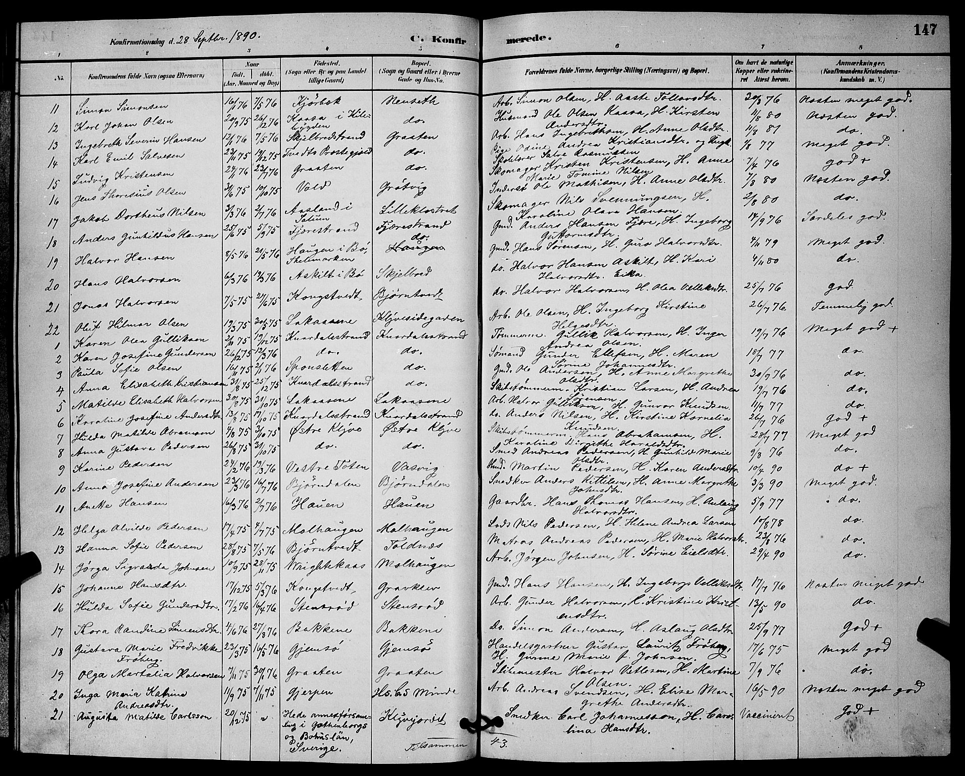 Solum kirkebøker, AV/SAKO-A-306/G/Ga/L0007: Parish register (copy) no. I 7, 1884-1898, p. 147