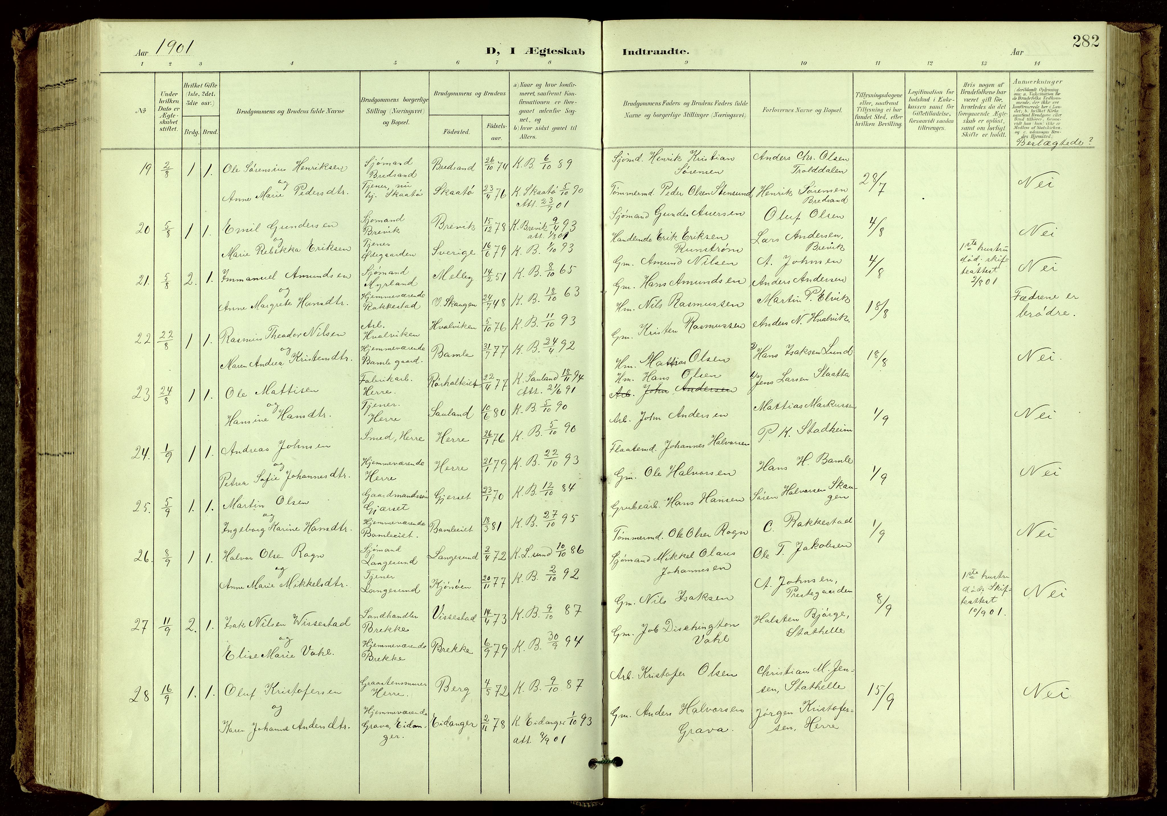 Bamble kirkebøker, SAKO/A-253/G/Ga/L0010: Parish register (copy) no. I 10, 1901-1919, p. 282