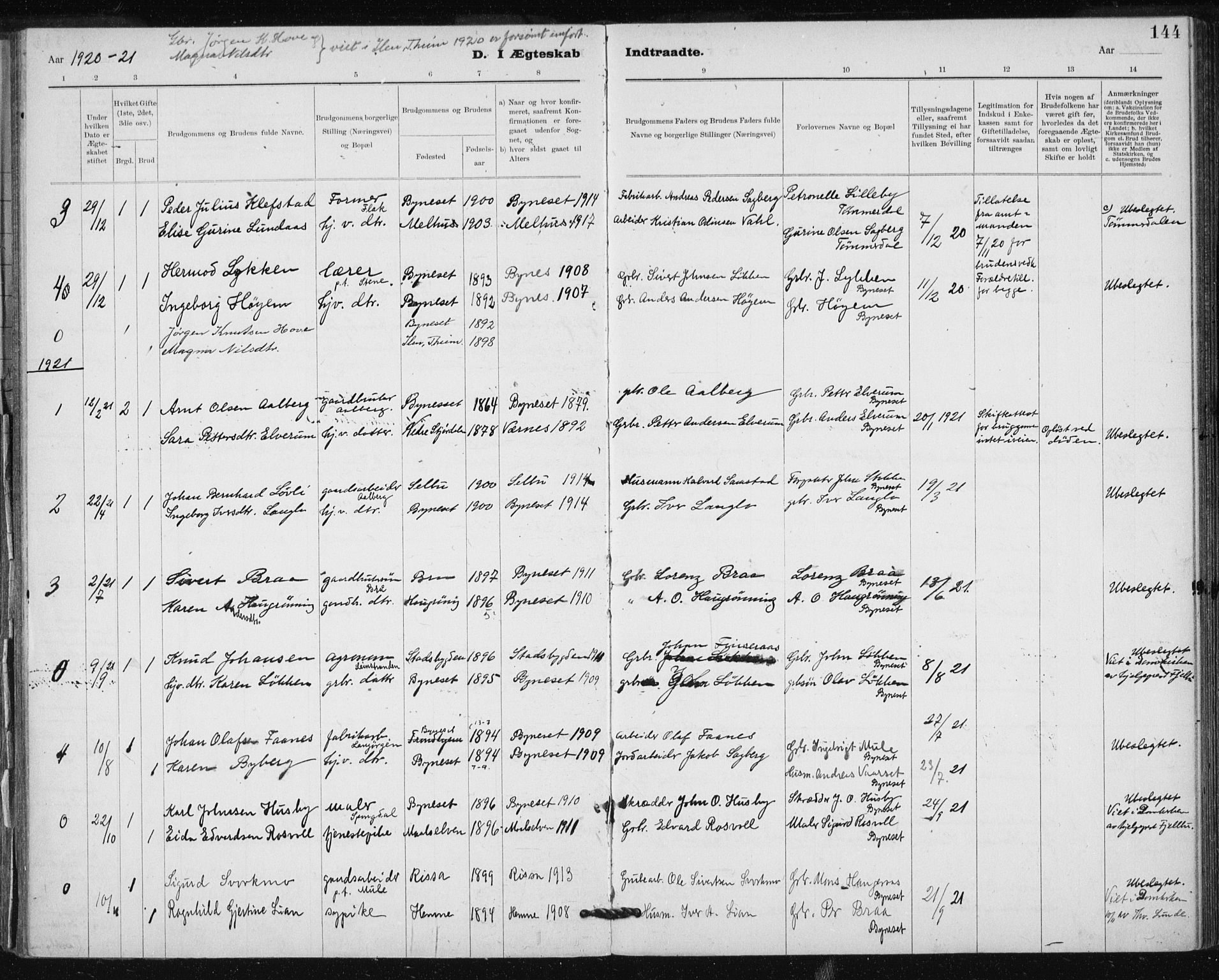 Ministerialprotokoller, klokkerbøker og fødselsregistre - Sør-Trøndelag, AV/SAT-A-1456/612/L0381: Parish register (official) no. 612A13, 1907-1923, p. 144