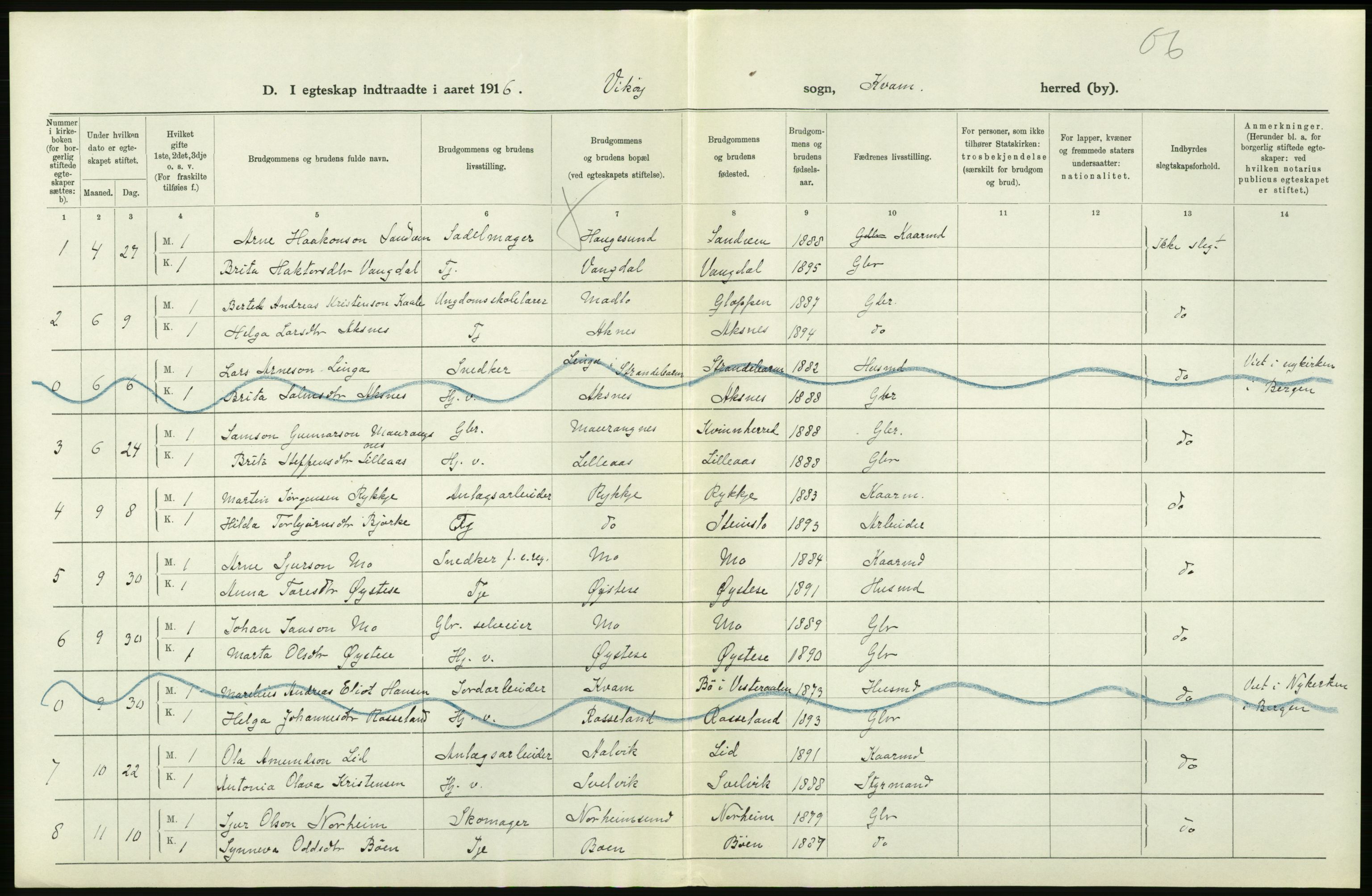 Statistisk sentralbyrå, Sosiodemografiske emner, Befolkning, AV/RA-S-2228/D/Df/Dfb/Dfbf/L0035: S. Bergenhus amt: Gifte, dødfødte. Bygder., 1916, p. 24