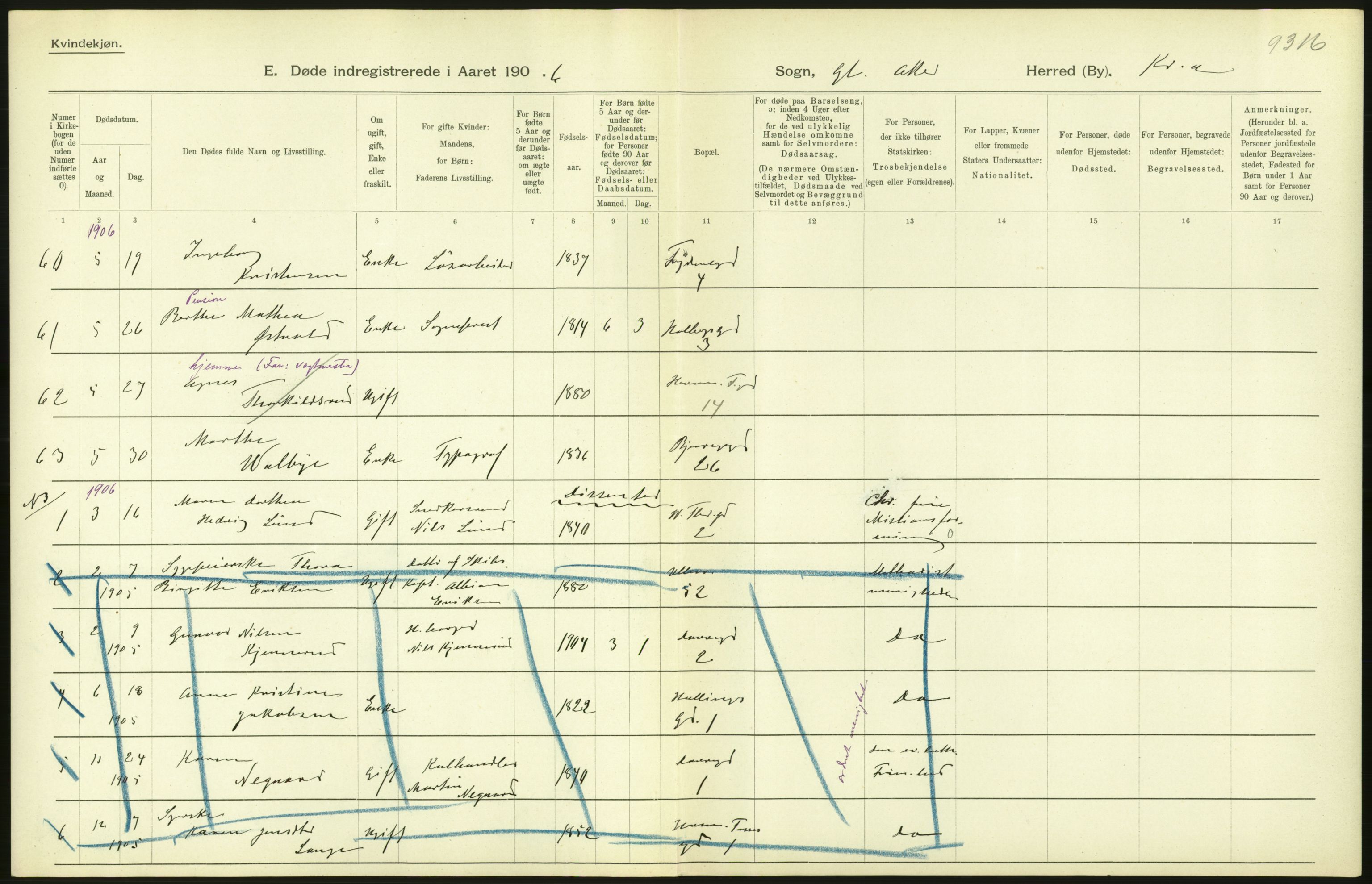 Statistisk sentralbyrå, Sosiodemografiske emner, Befolkning, RA/S-2228/D/Df/Dfa/Dfad/L0010: Kristiania: Døde, dødfødte, 1906, p. 166