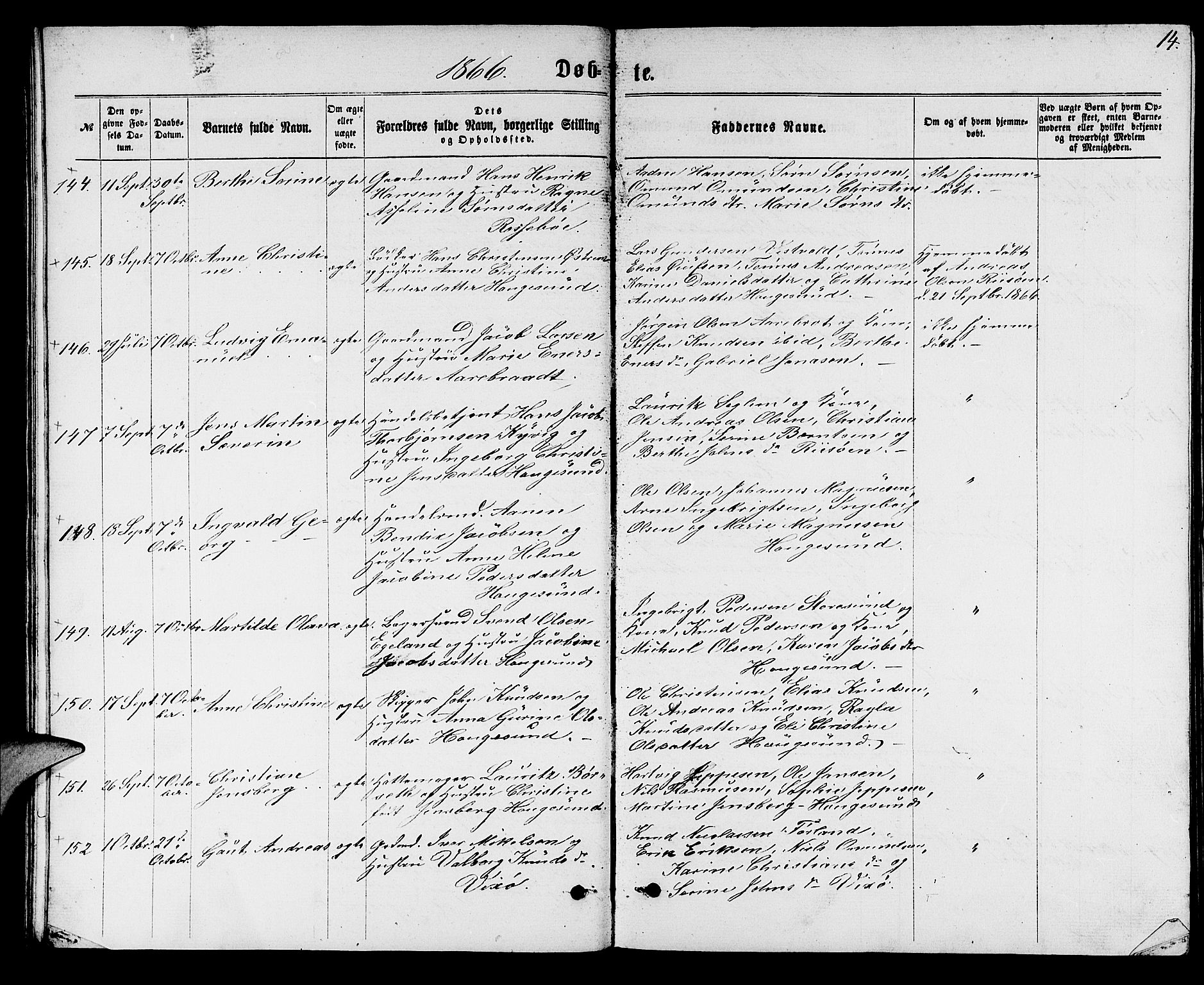 Torvastad sokneprestkontor, SAST/A -101857/H/Ha/Hab/L0007: Parish register (copy) no. B 7, 1866-1873, p. 14