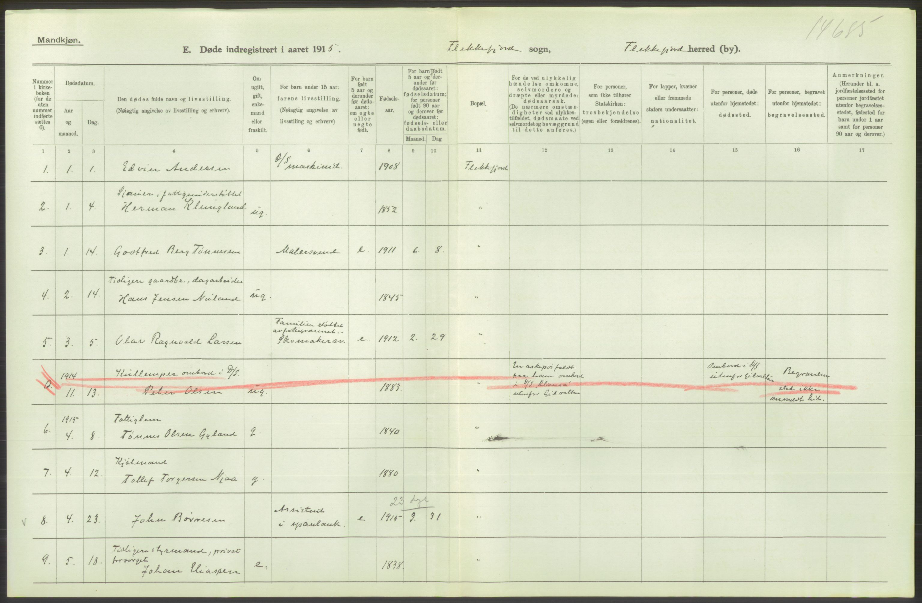 Statistisk sentralbyrå, Sosiodemografiske emner, Befolkning, AV/RA-S-2228/D/Df/Dfb/Dfbe/L0026: Lister og Mandals amt: Døde, dødfødte. Bygder og byer., 1915, p. 346