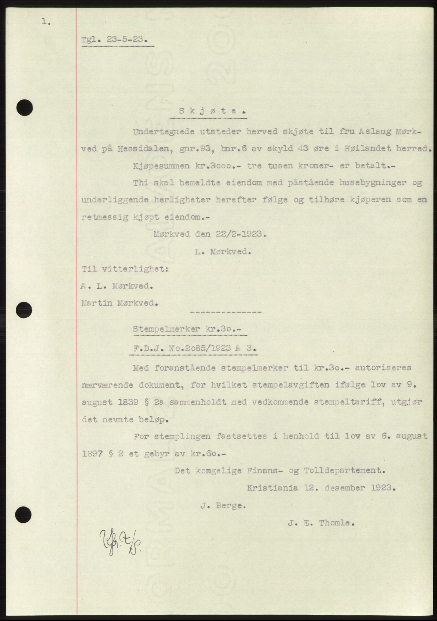 Namdal sorenskriveri, AV/SAT-A-4133/1/2/2C: Mortgage book no. -, 1922-1925, Deed date: 23.05.1923