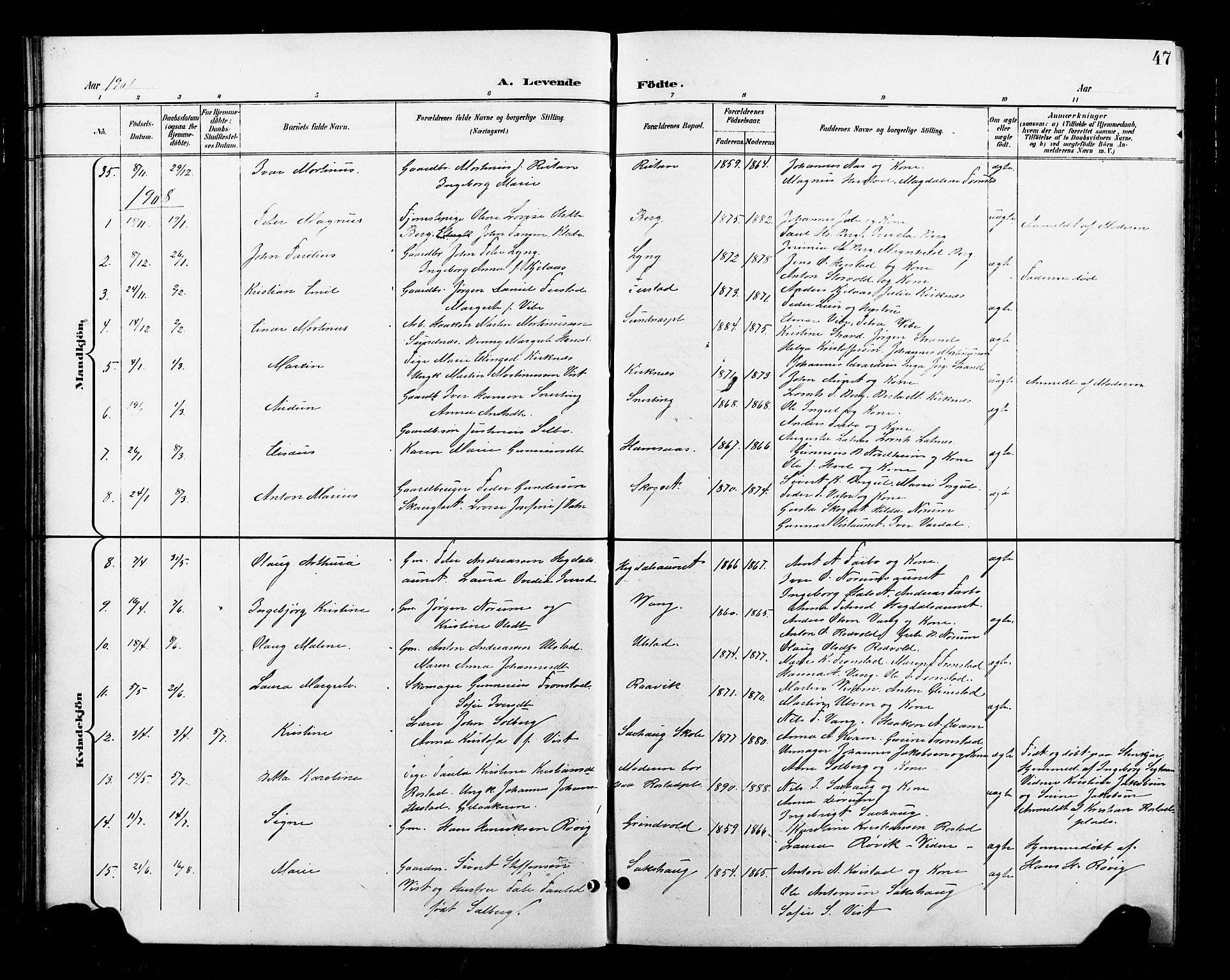 Ministerialprotokoller, klokkerbøker og fødselsregistre - Nord-Trøndelag, SAT/A-1458/730/L0302: Parish register (copy) no. 730C05, 1898-1924, p. 47
