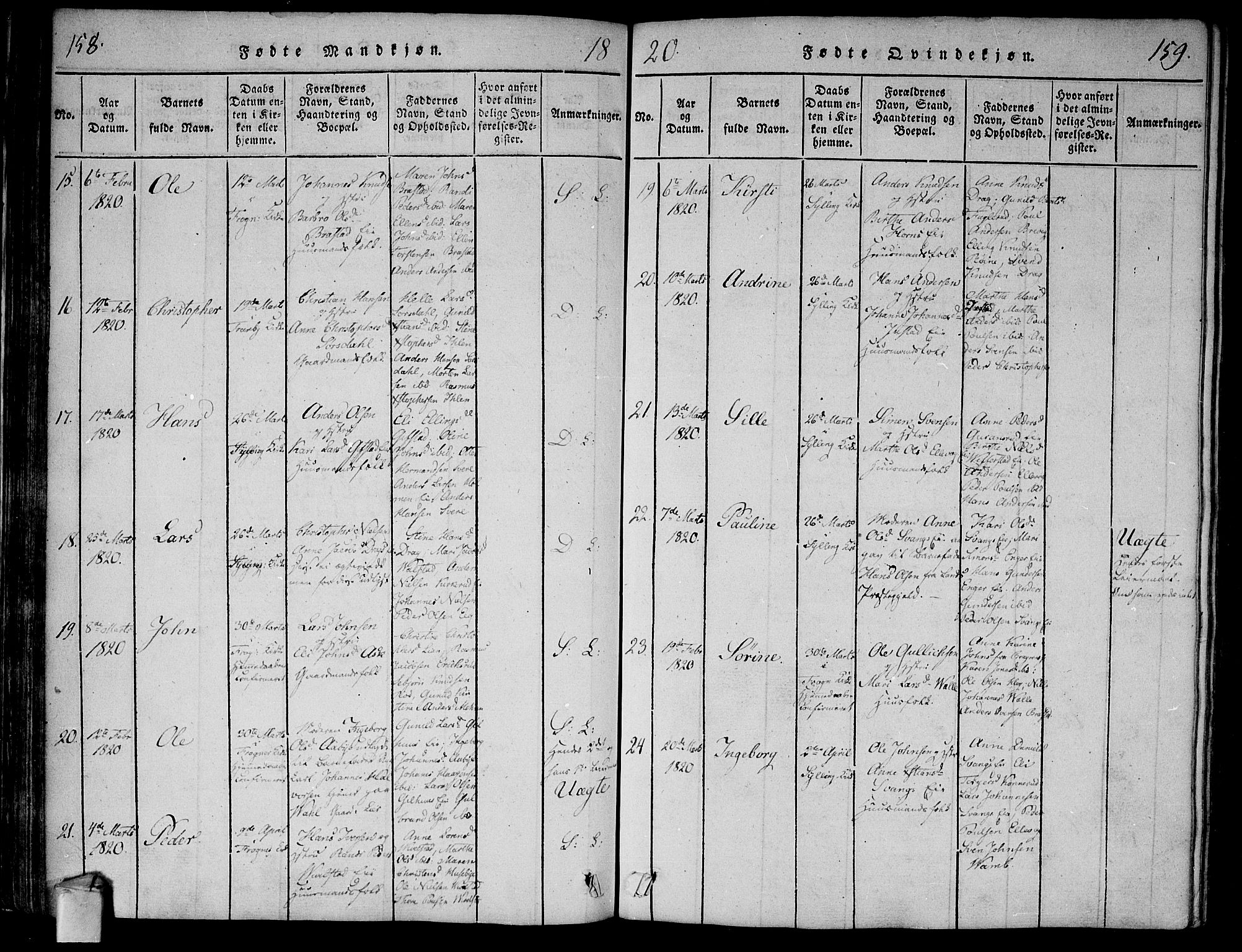 Lier kirkebøker, AV/SAKO-A-230/F/Fa/L0008: Parish register (official) no. I 8, 1813-1825, p. 158-159