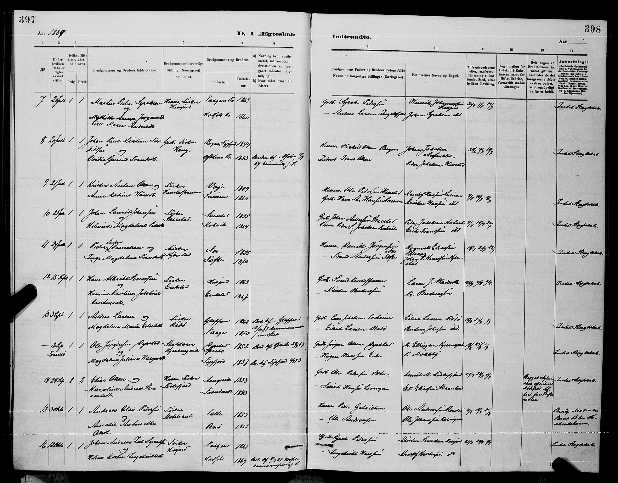 Ministerialprotokoller, klokkerbøker og fødselsregistre - Nordland, AV/SAT-A-1459/872/L1047: Parish register (copy) no. 872C03, 1880-1897, p. 397-398