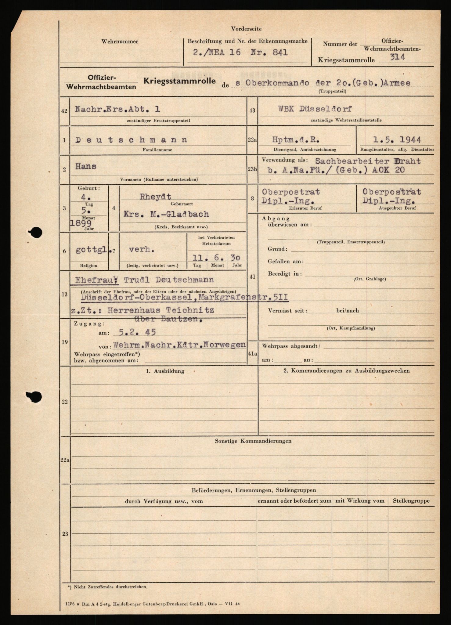 Forsvarets Overkommando. 2 kontor. Arkiv 11.4. Spredte tyske arkivsaker, AV/RA-RAFA-7031/D/Dar/Dara/L0018: Personalbøker, 1940-1945, p. 324