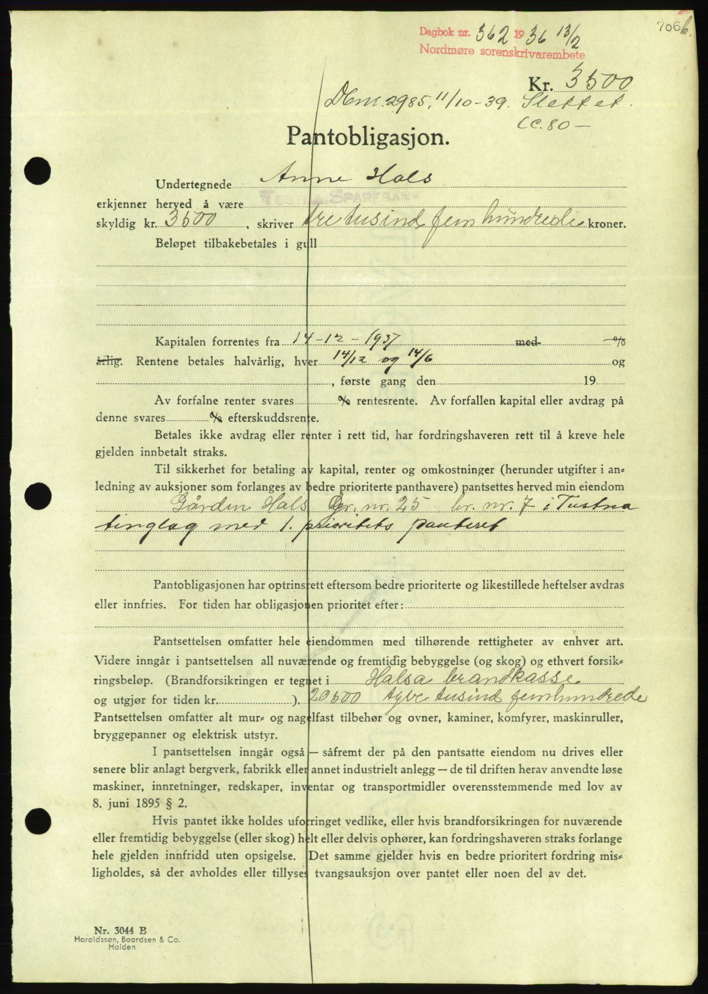 Nordmøre sorenskriveri, AV/SAT-A-4132/1/2/2Ca/L0092: Mortgage book no. B82, 1937-1938, Diary no: : 362/1938