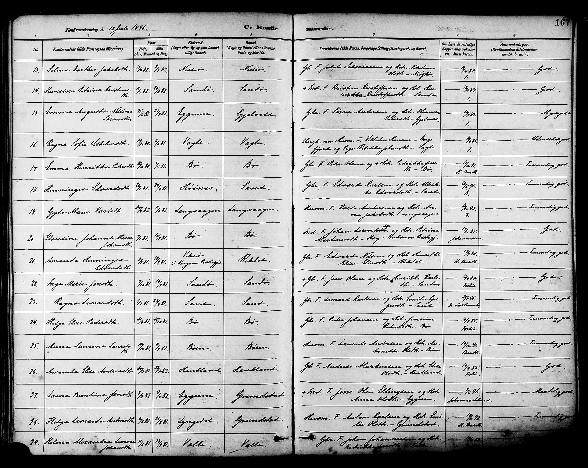 Ministerialprotokoller, klokkerbøker og fødselsregistre - Nordland, AV/SAT-A-1459/880/L1133: Parish register (official) no. 880A07, 1888-1898, p. 167