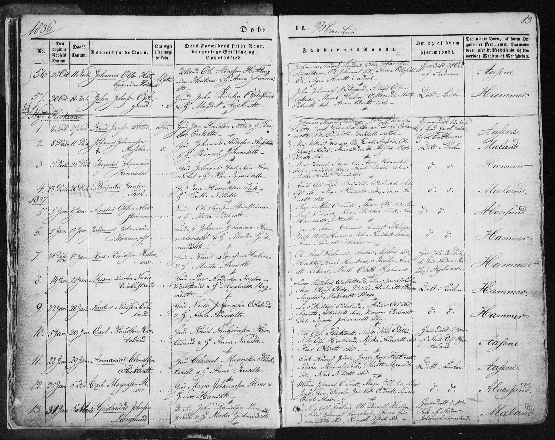 Hamre sokneprestembete, AV/SAB-A-75501/H/Ha/Haa/Haaa/L0012: Parish register (official) no. A 12, 1834-1845, p. 13