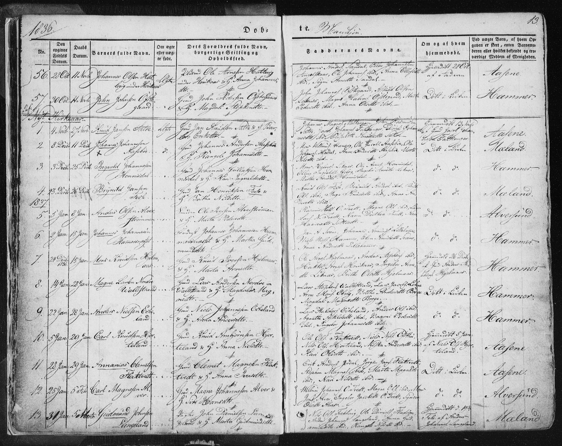 Hamre sokneprestembete, AV/SAB-A-75501/H/Ha/Haa/Haaa/L0012: Parish register (official) no. A 12, 1834-1845, p. 13