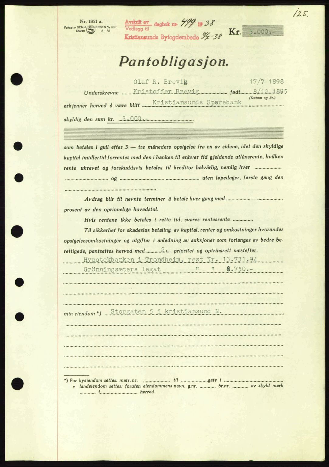 Kristiansund byfogd, AV/SAT-A-4587/A/27: Mortgage book no. 31, 1938-1939, Diary no: : 499/1938