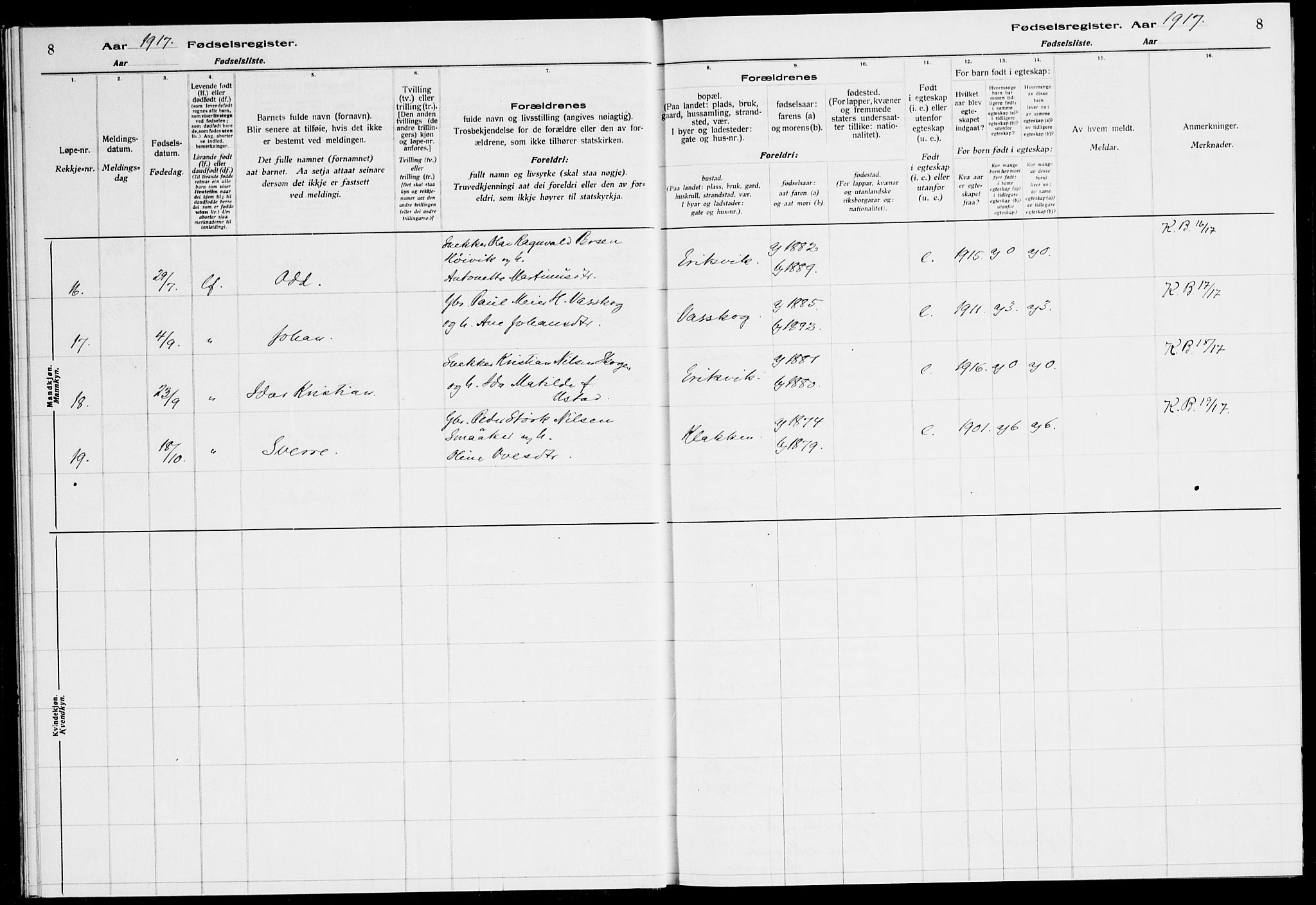 Ministerialprotokoller, klokkerbøker og fødselsregistre - Sør-Trøndelag, AV/SAT-A-1456/651/L0650: Birth register no. 651.II.4.1, 1916-1923, p. 8