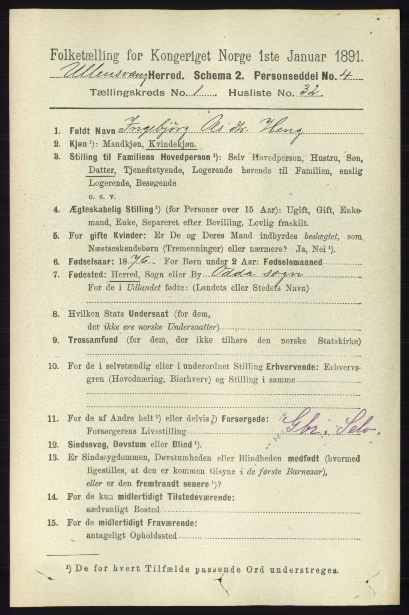 RA, 1891 census for 1230 Ullensvang, 1891, p. 274