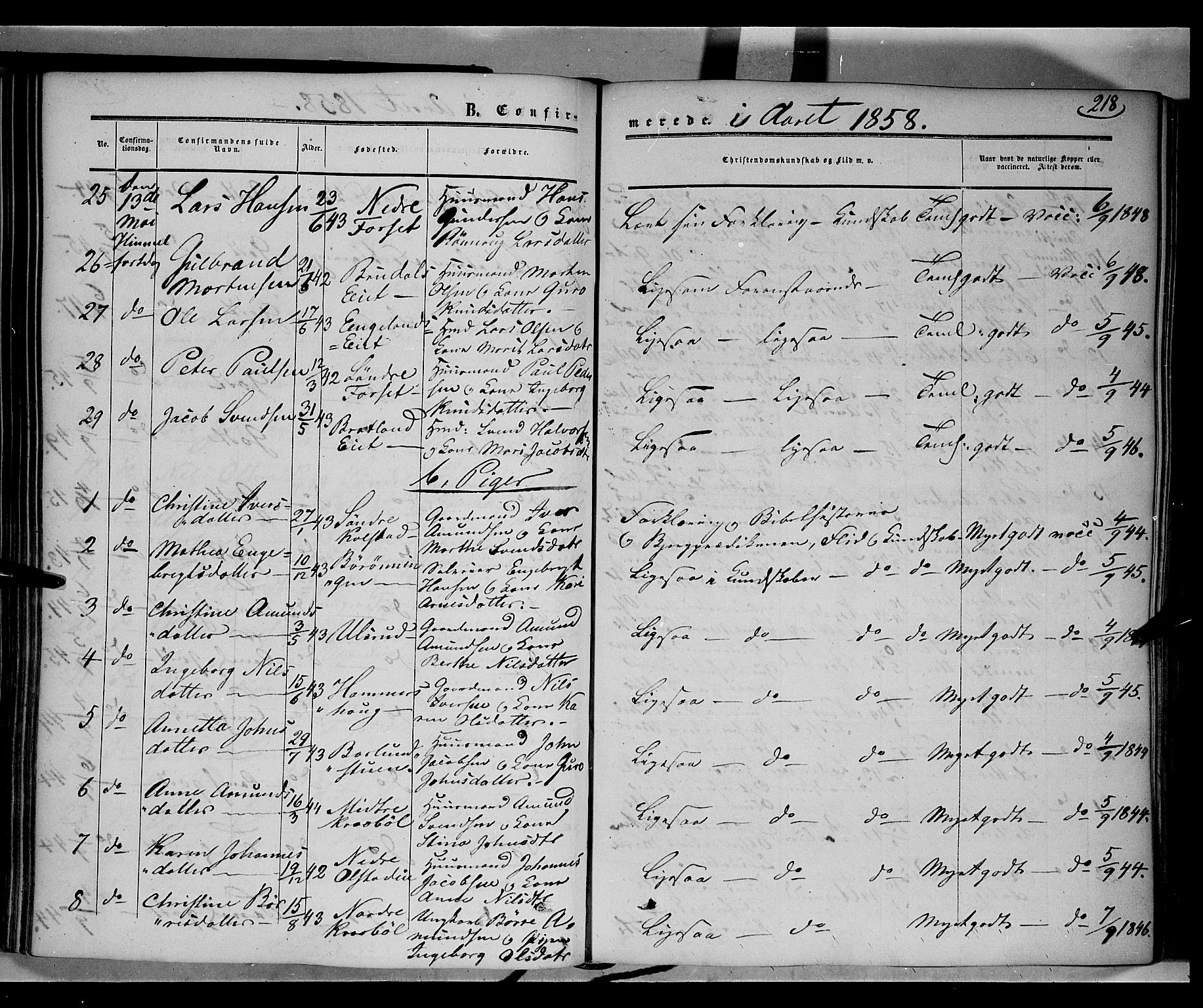 Gausdal prestekontor, AV/SAH-PREST-090/H/Ha/Haa/L0008: Parish register (official) no. 8, 1850-1861, p. 218