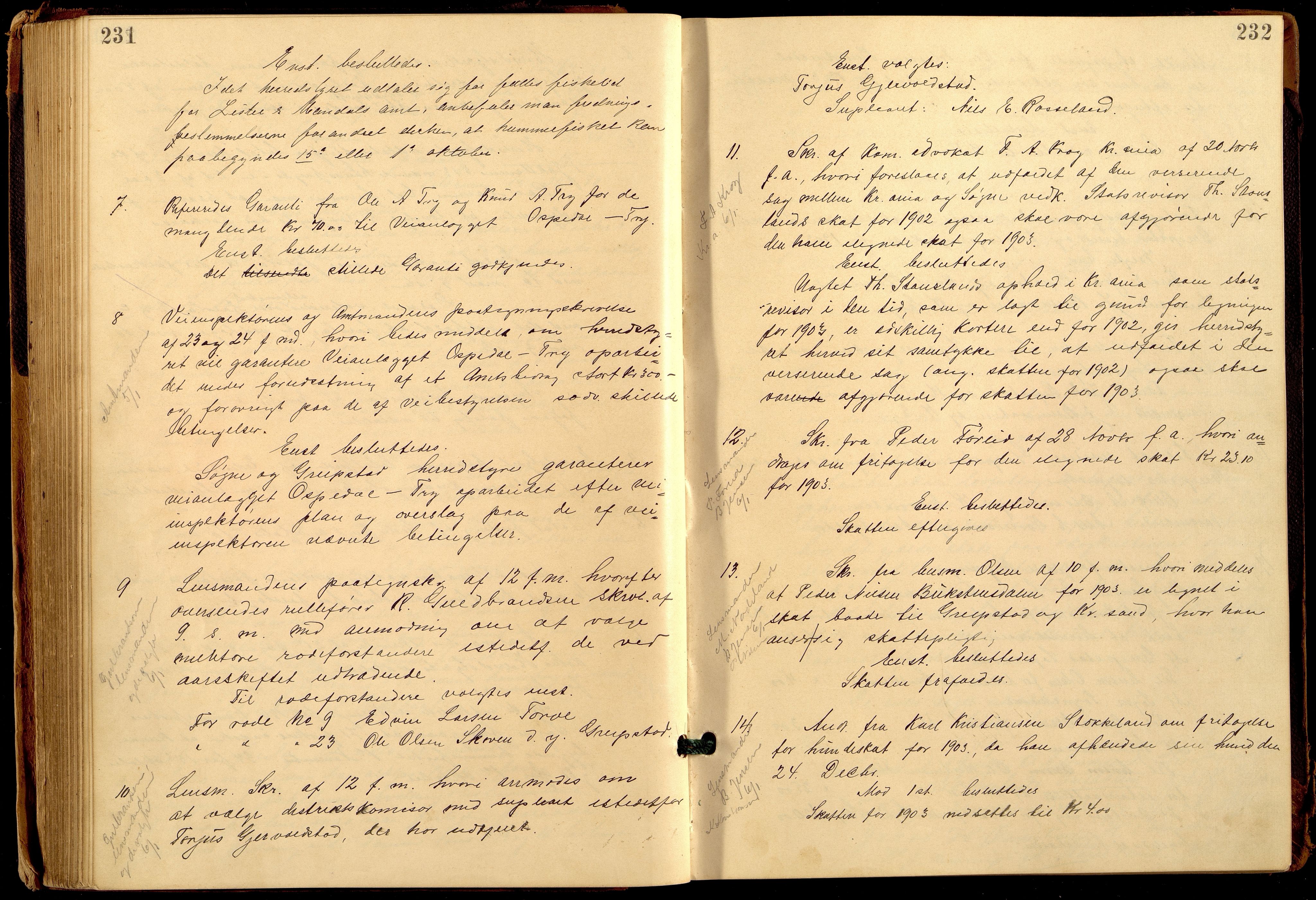 Søgne og Greipstad kommune - Formannskapet, IKAV/1018SG120/A/L0006: Møtebok (d), 1901-1909, p. 231-232