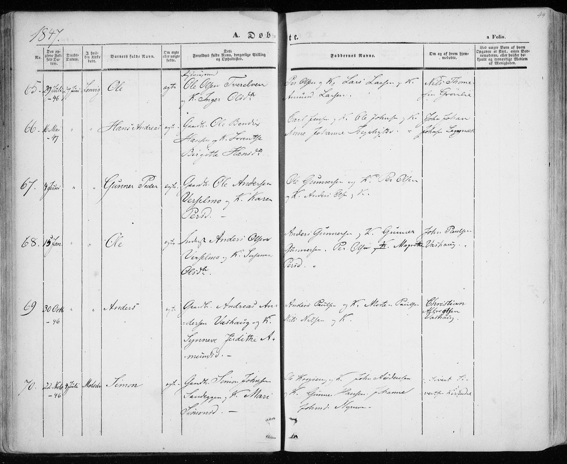 Lenvik sokneprestembete, AV/SATØ-S-1310/H/Ha/Haa/L0006kirke: Parish register (official) no. 6, 1845-1854, p. 44