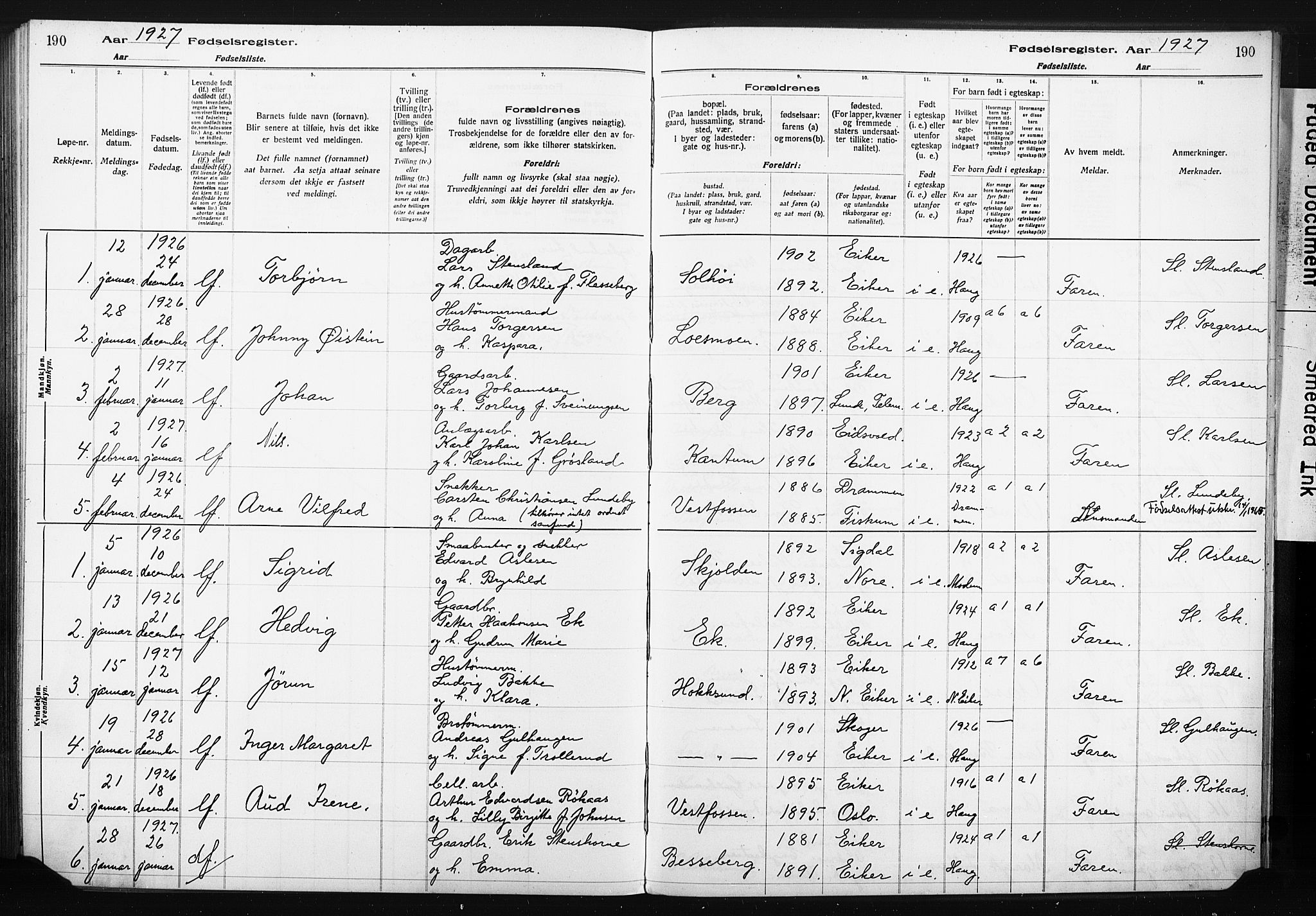 Eiker kirkebøker, SAKO/A-4/J/Ja/L0001: Birth register no. 1, 1916-1927, p. 190