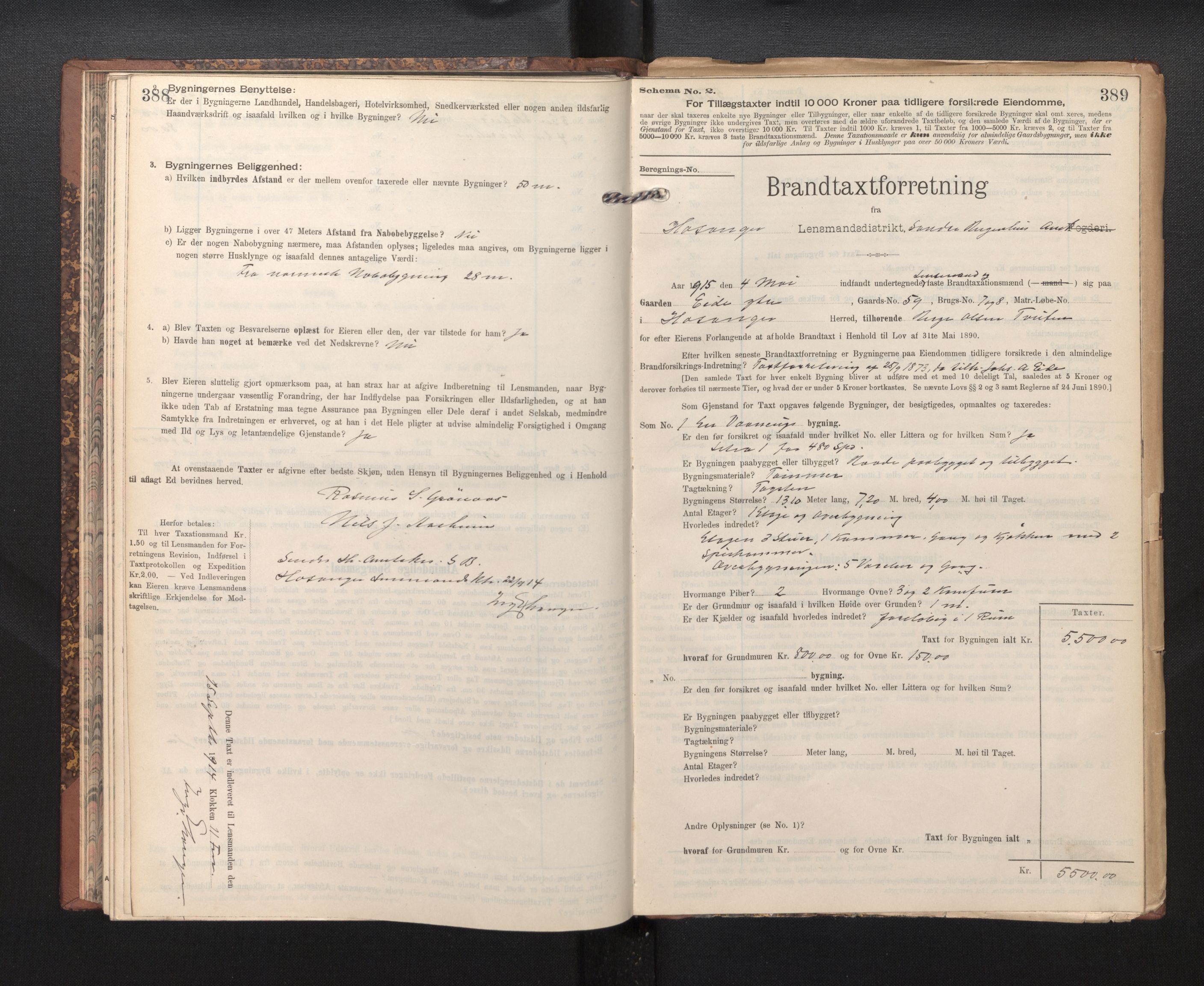 Lensmannen i Hosanger, SAB/A-33001/0012/L0005: Branntakstprotokoll, skjematakst, 1905-1916, p. 388-389