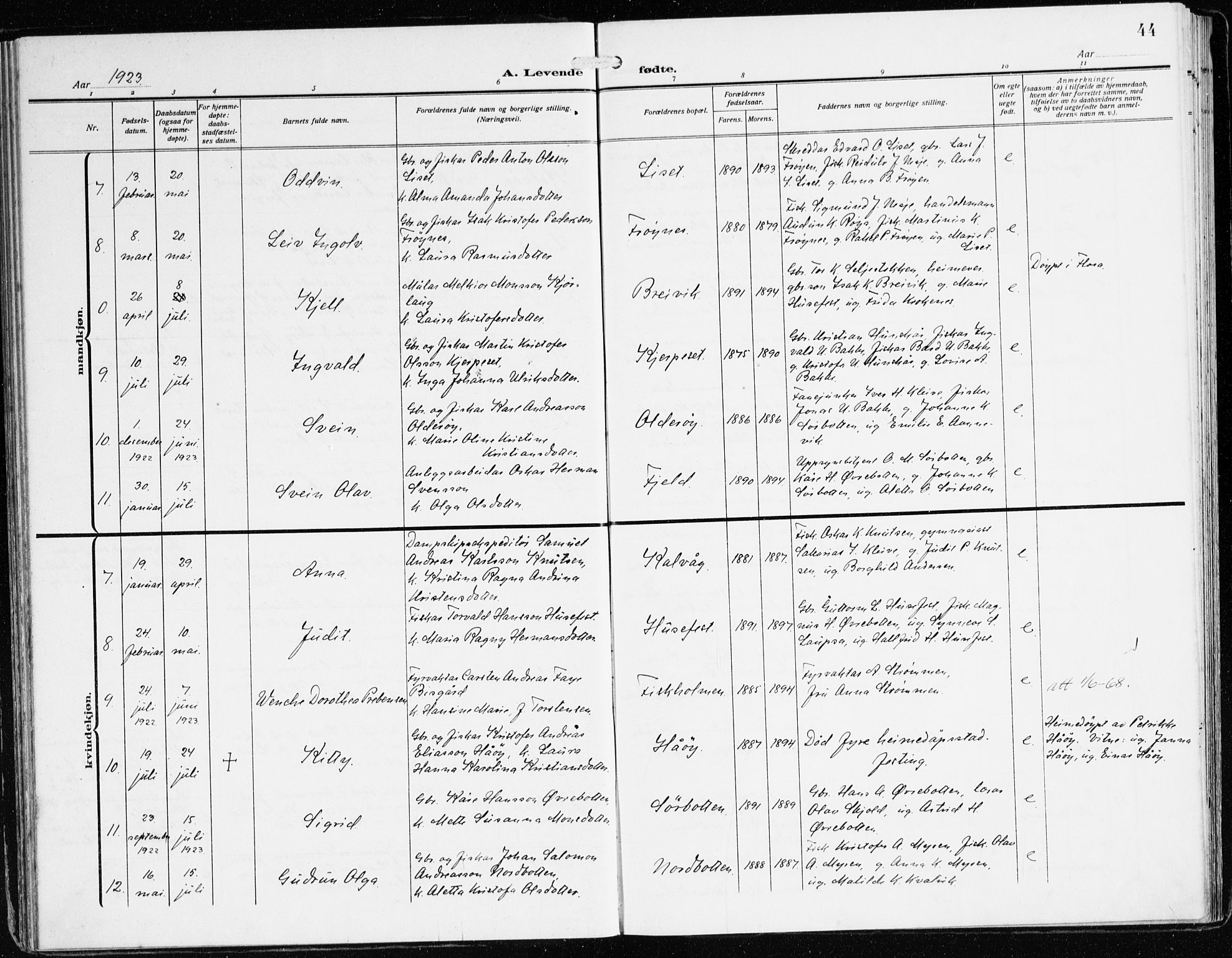 Bremanger sokneprestembete, SAB/A-82201/H/Haa/Haab/L0003: Parish register (official) no. B 3, 1908-1925, p. 44