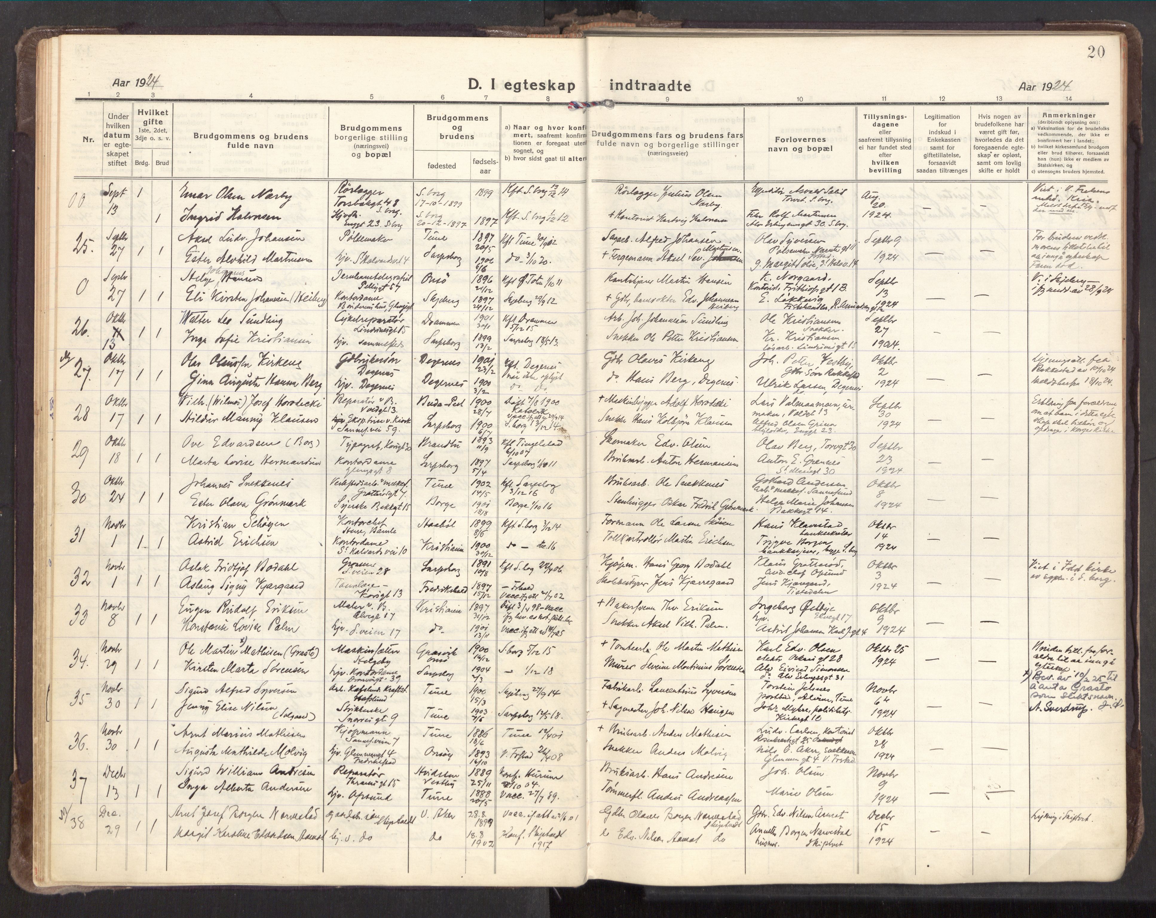 Sarpsborg prestekontor Kirkebøker, AV/SAO-A-2006/F/Fa/L0009: Parish register (official) no. 9, 1919-1931, p. 20