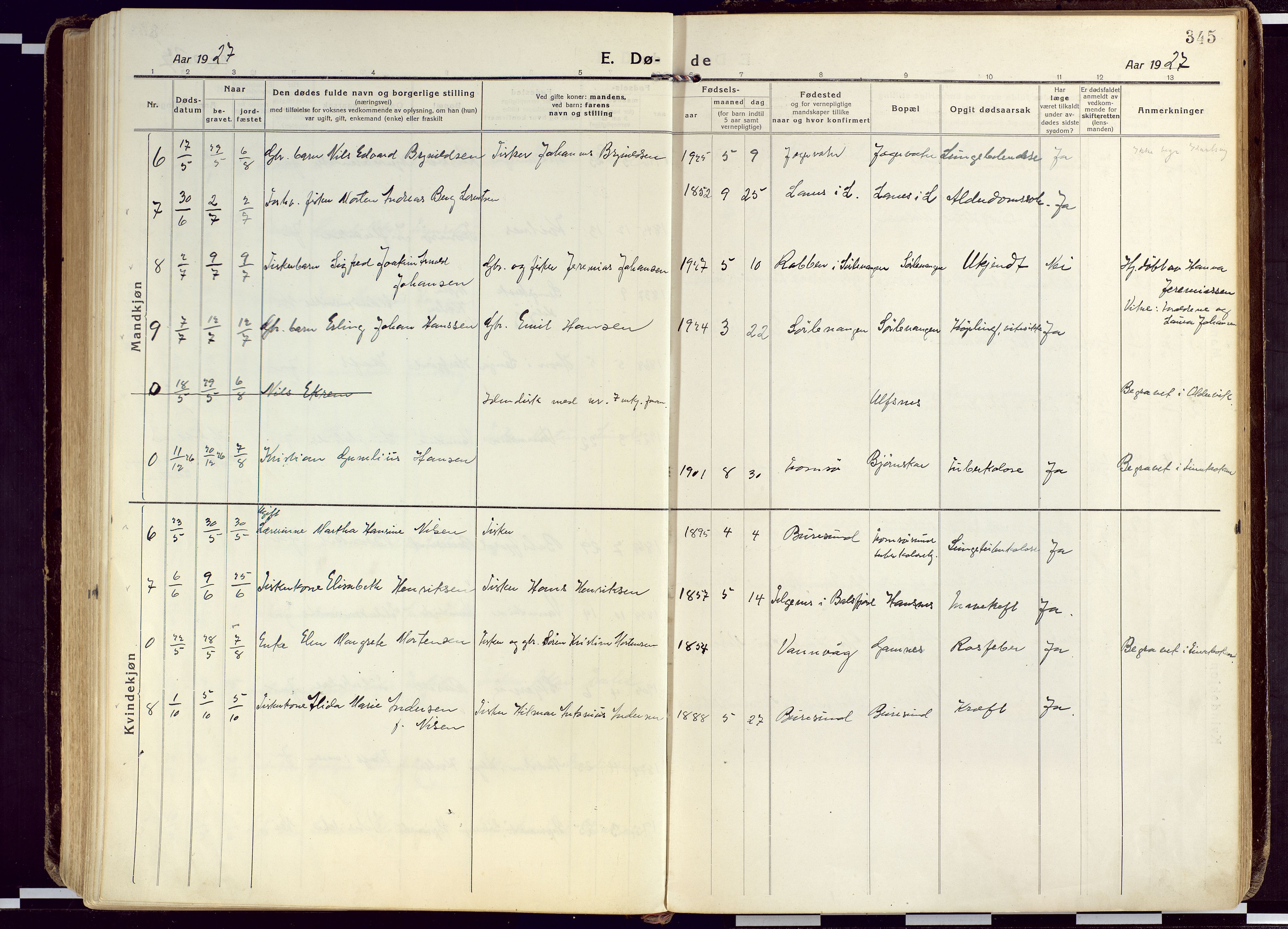 Karlsøy sokneprestembete, SATØ/S-1299/H/Ha/Haa/L0015kirke: Parish register (official) no. 15, 1918-1929, p. 345