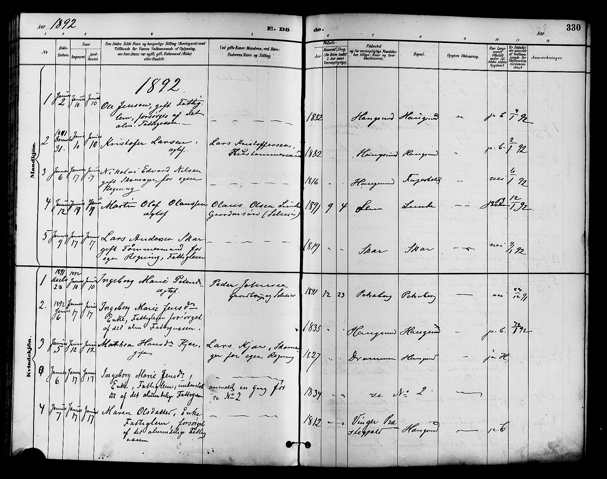 Eiker kirkebøker, AV/SAKO-A-4/F/Fb/L0002: Parish register (official) no. II 2, 1889-1896, p. 330